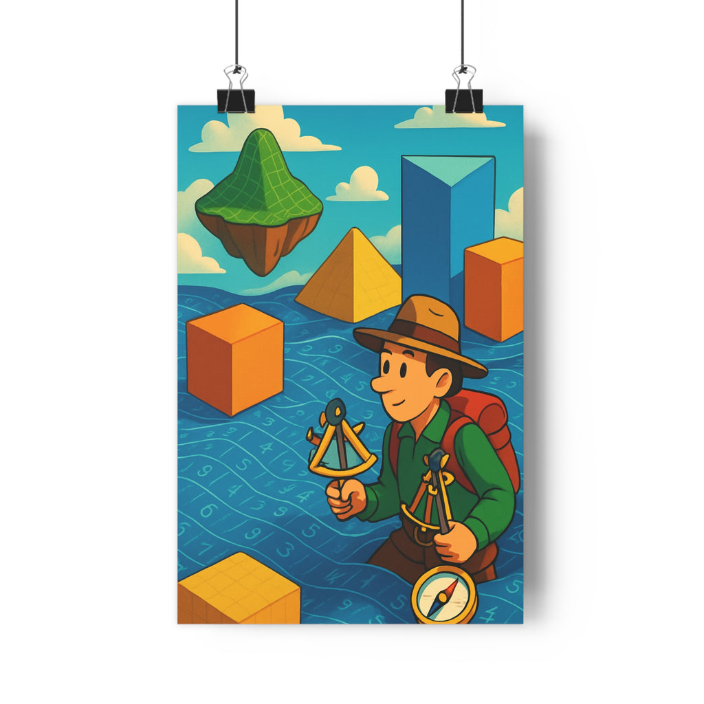 Poster décoratif cartoon aventurier géométrique bleu jaune vert chambre ludique exploration artistique moderne qualité