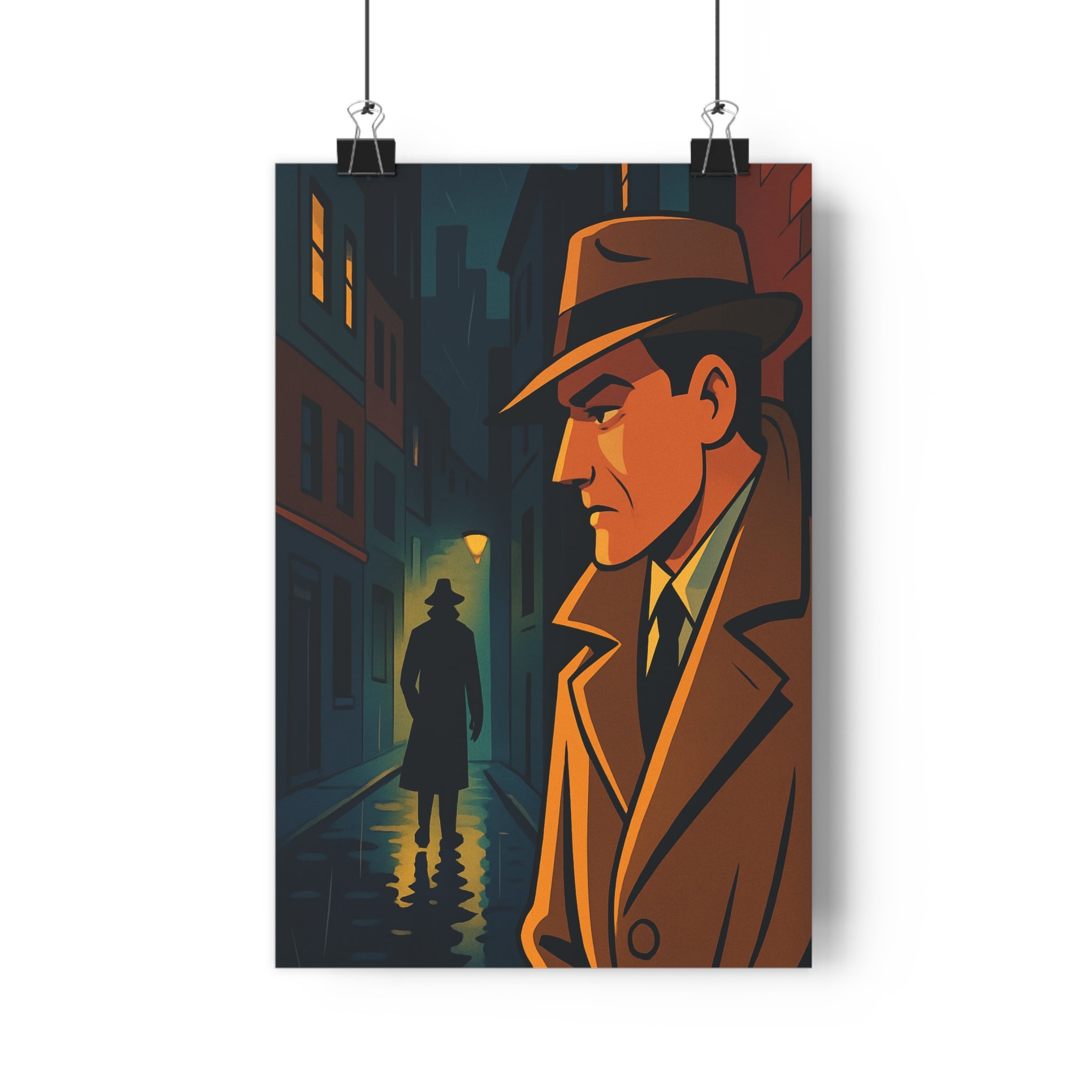 Poster décoratif rétro film noir bleu orange salon nostalgique mystère intrigue vintage classique silhouette