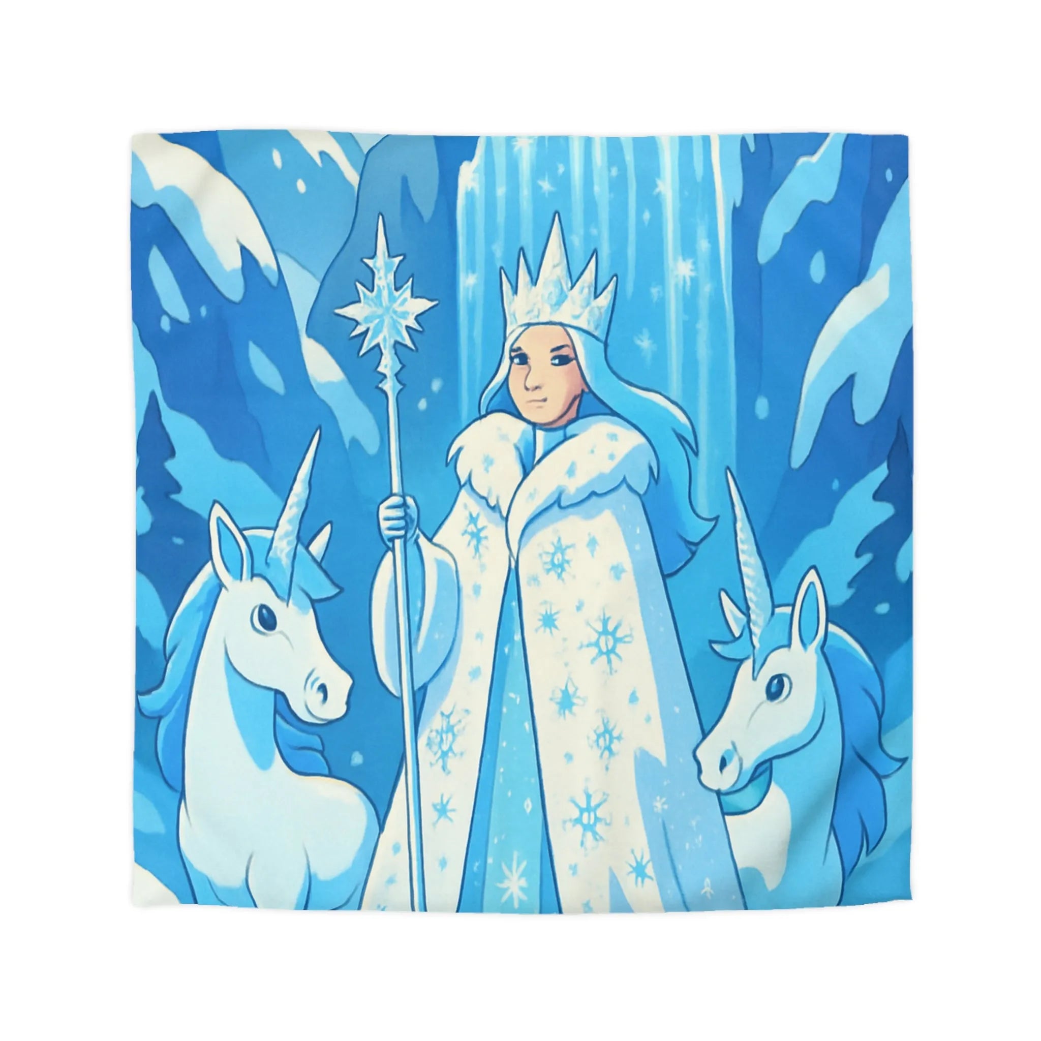 Housse de couette féerique avec reine des neiges, licornes et cascade magique