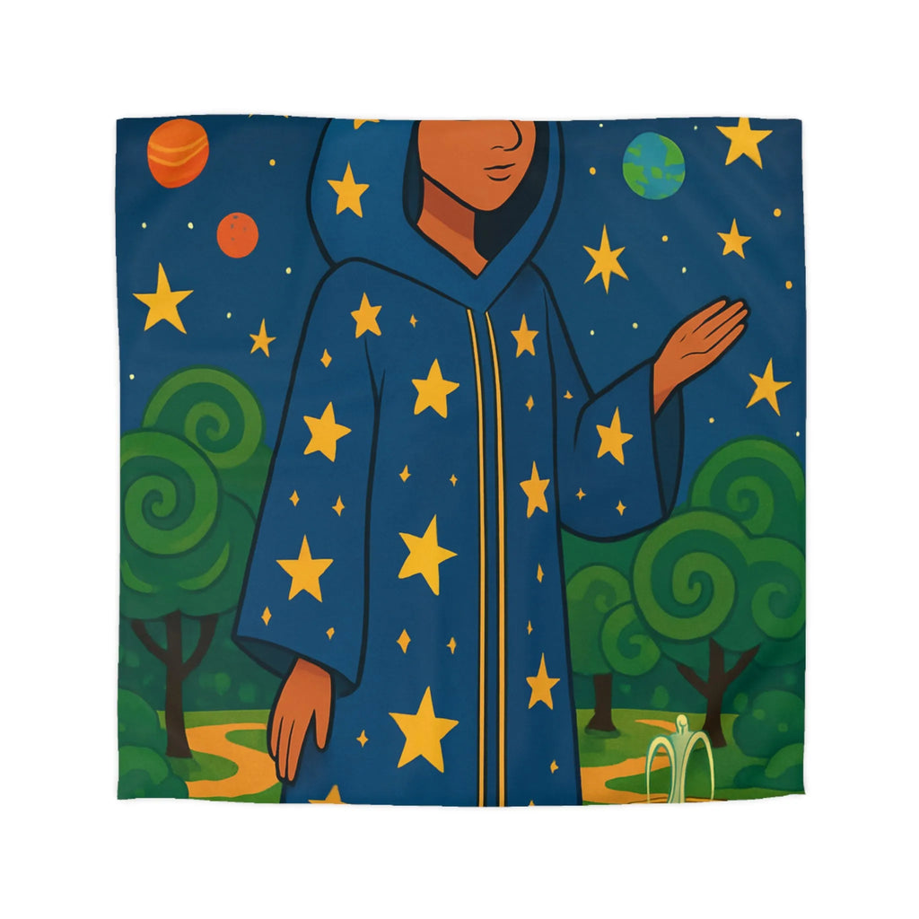 Housse de couette étoilée avec personnage mystique sous ciel galactique et nature luxuriante