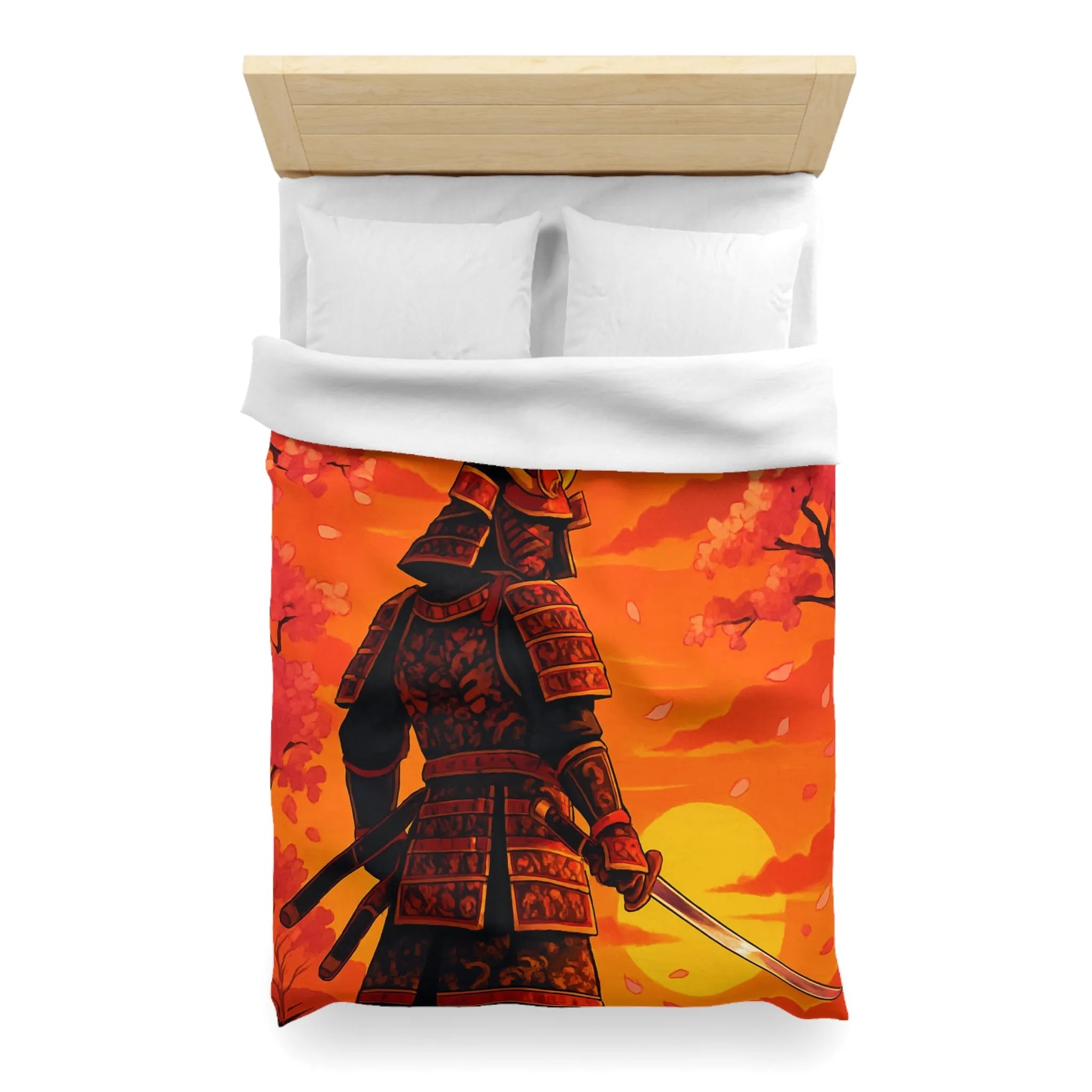 Housse de couette avec motif samouraï au coucher du soleil, arbres et fleurs roses