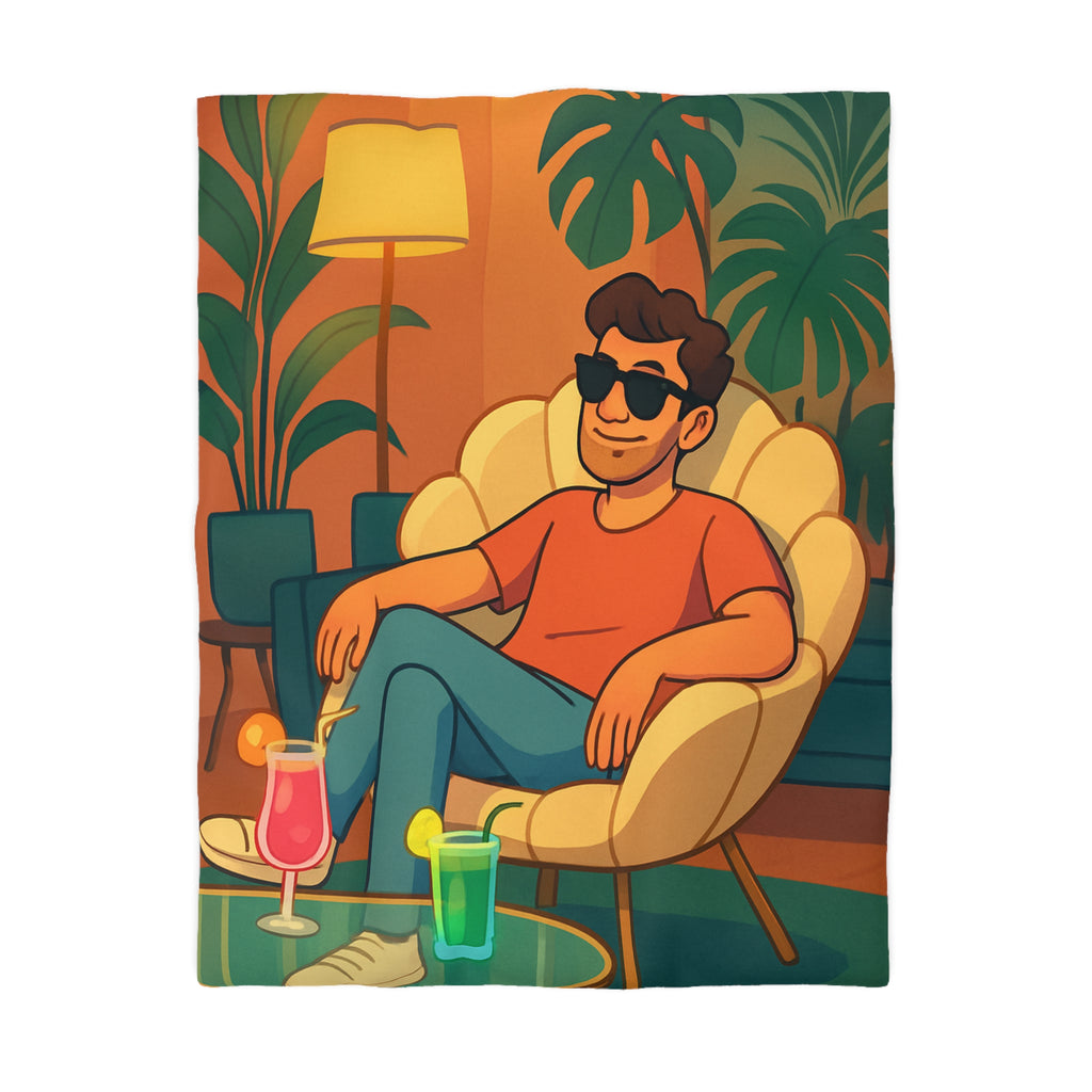 Housse de Couette Tropicale Design Moderne avec Feuilles et Boissons Colorées Style Rétro