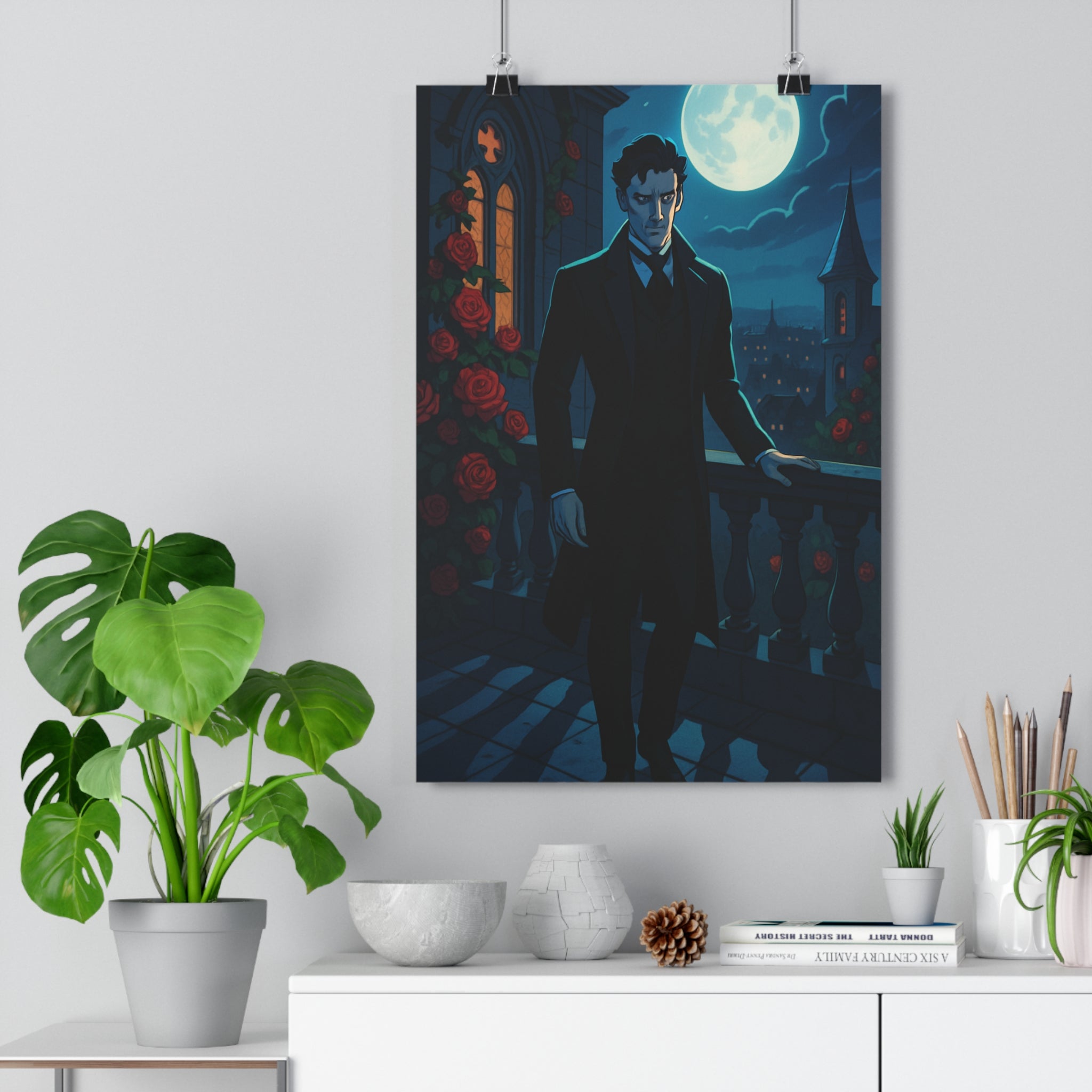 Poster décoratif sombre romantique bleu rouge animé mystique chambre lecture ambiance mystérieuse balcon roses