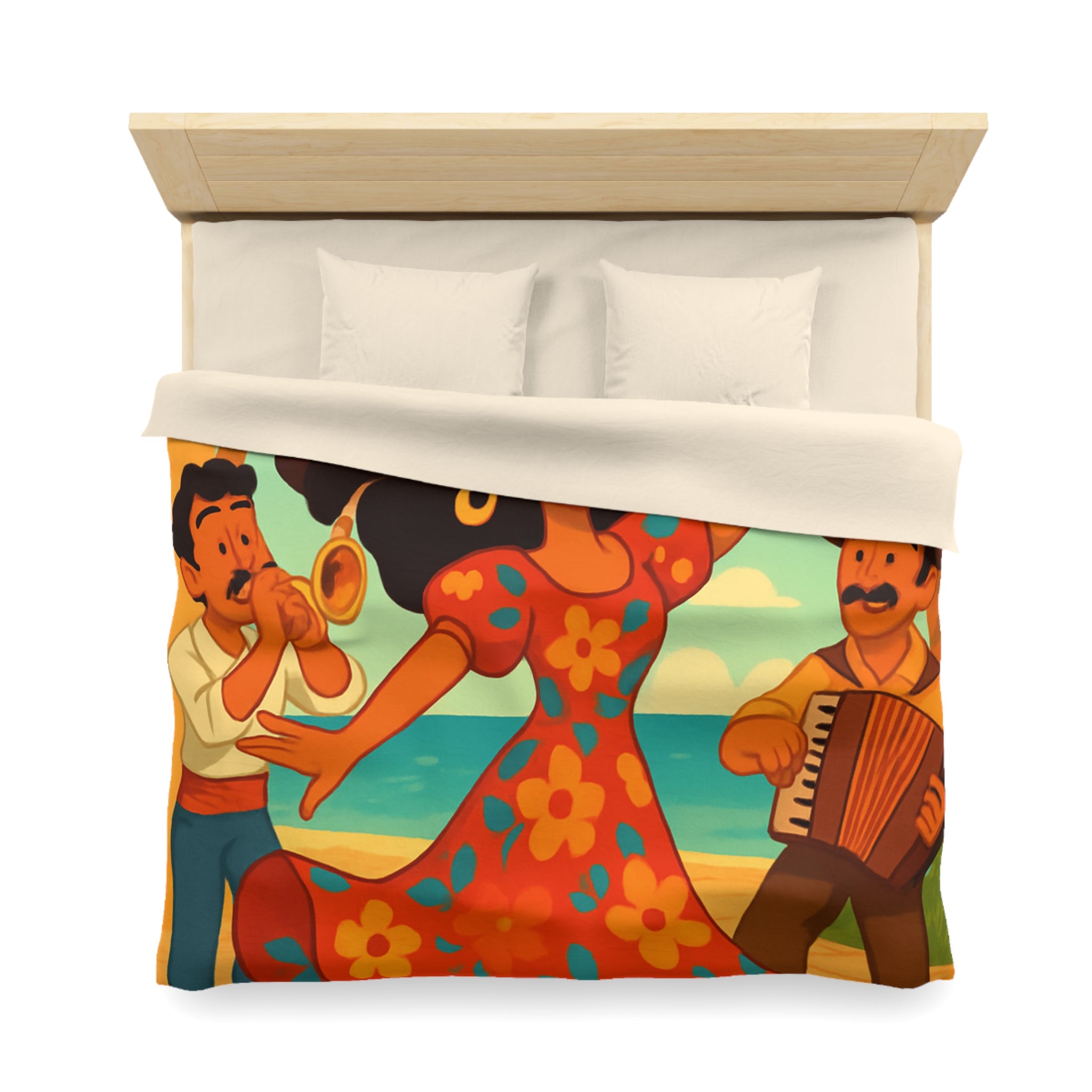 Housse de couette tropicale colorée avec danseuse et musiciens, ambiance joyeuse et festive