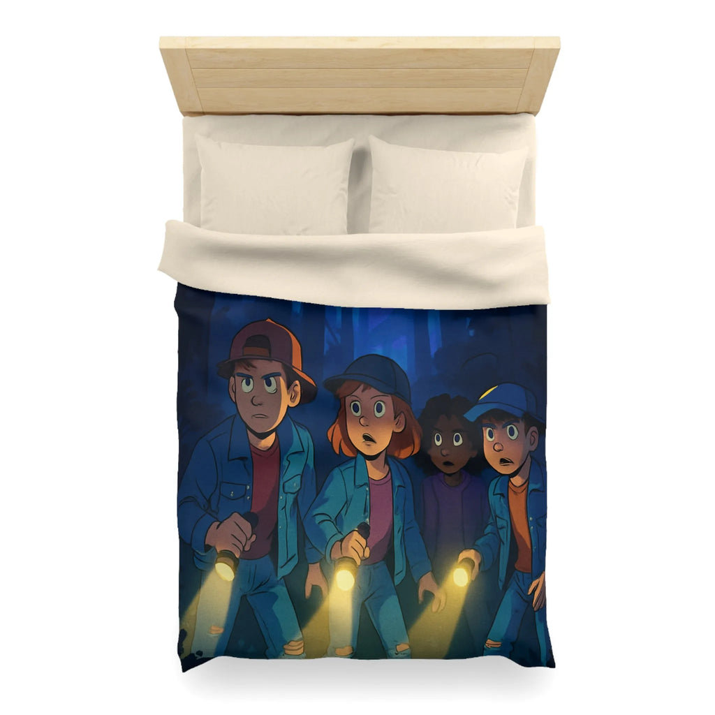 Housse de couette forêt mystérieuse enfants explorateurs avec lampes de poche illustration nocturne