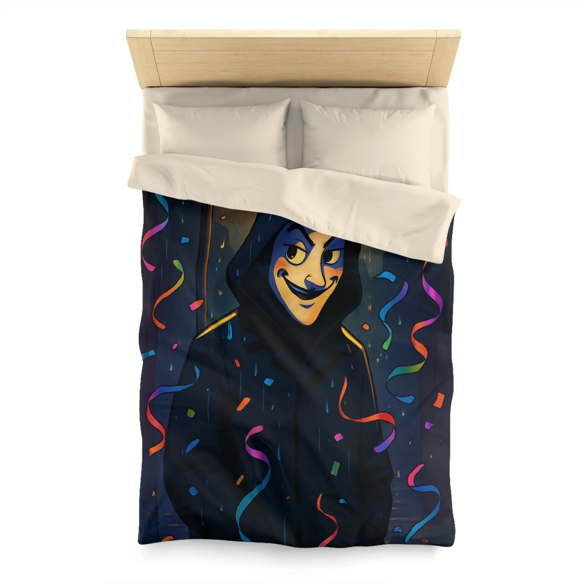 Housse de couette artistique joyeuse avec personnage mystérieux sous réverbère nocturne coloré