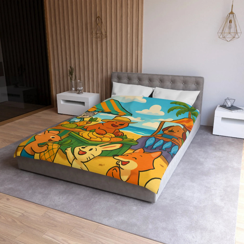Housse de couette enfant avec animaux mignons sur plage et étals de fruits