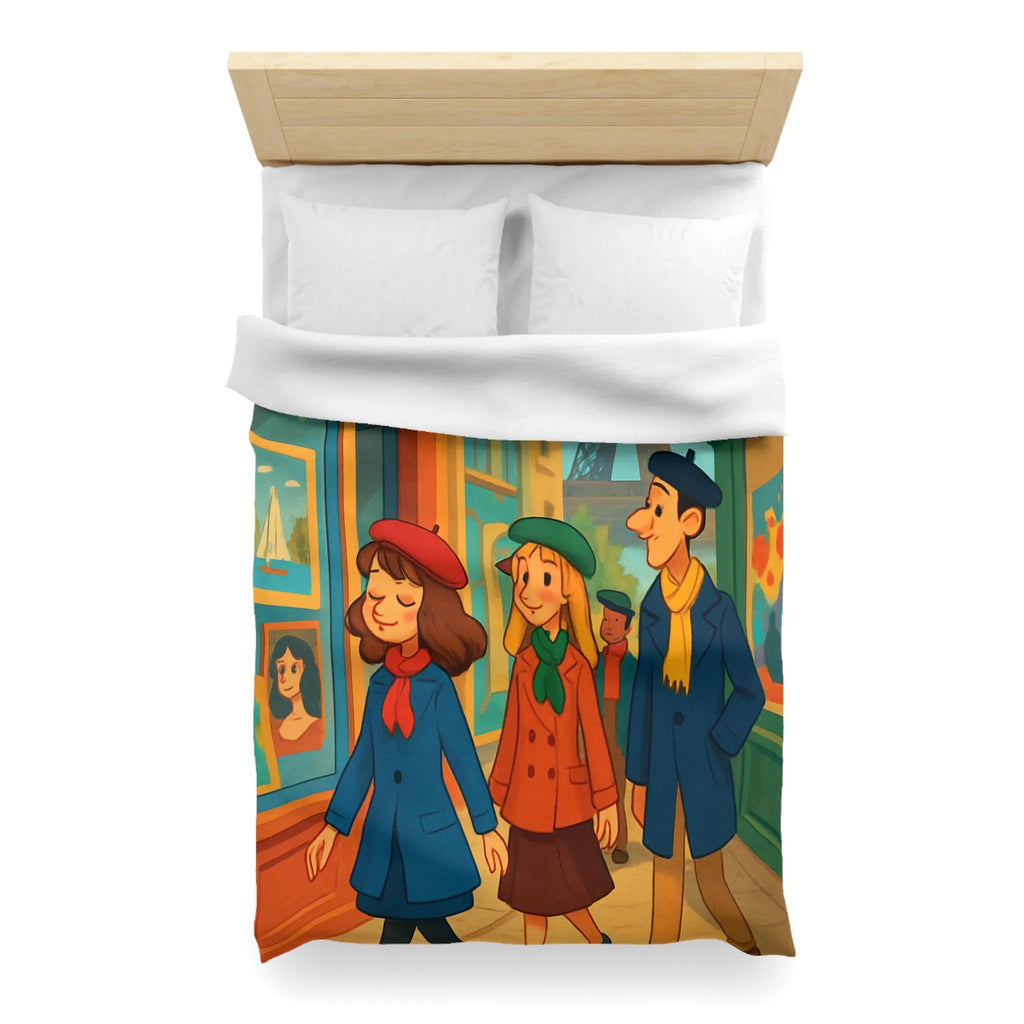 Housse de couette illustrée Paris promenade style rétro avec amis et Tour Eiffel