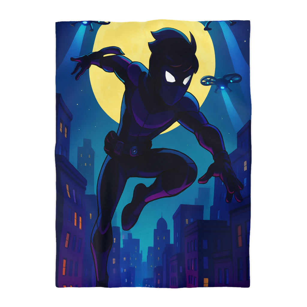 Housse de couette super-héros noir sautant devant une pleine lune et des drones urbains