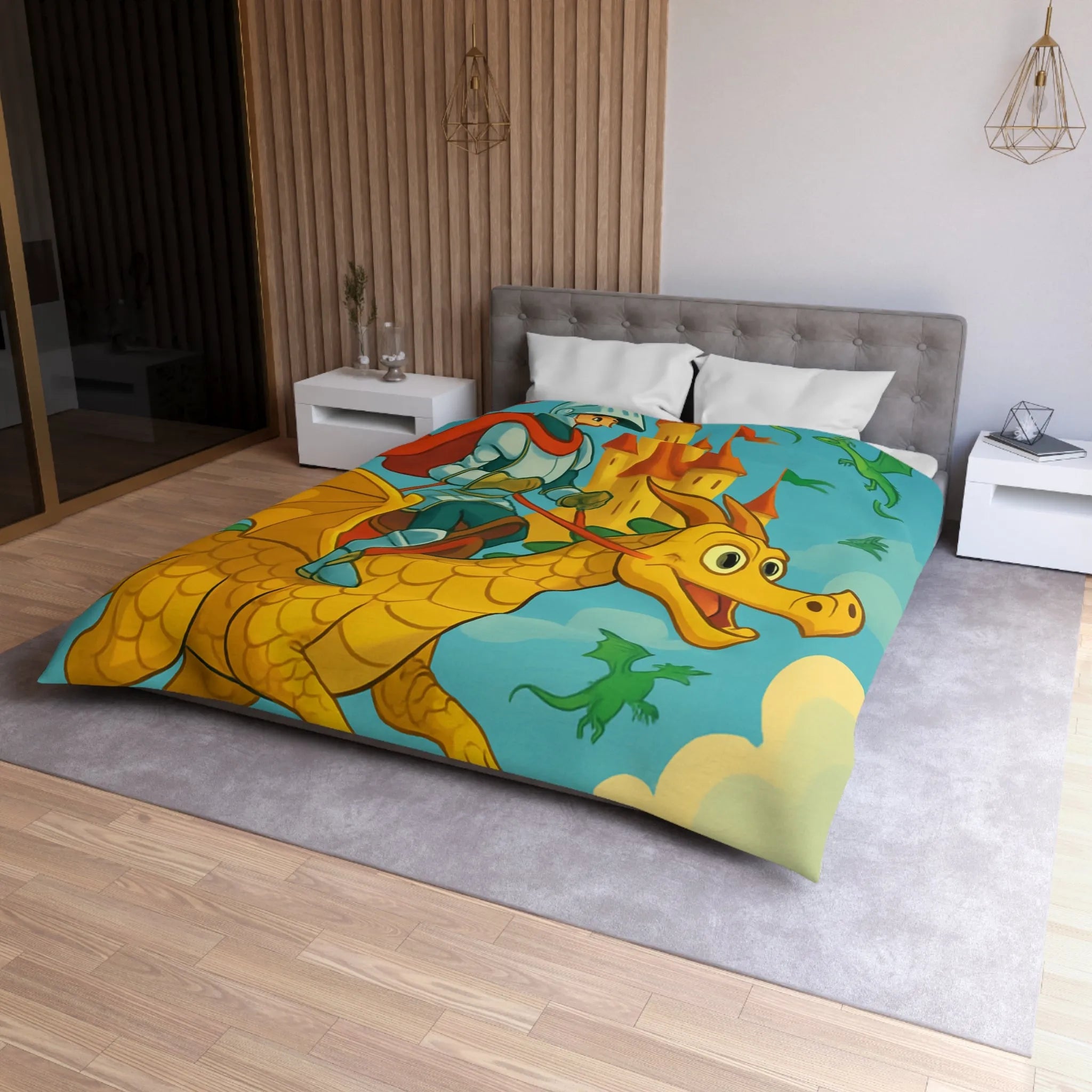 Housse de couette avec chevalier courageux chevauchant un dragon doré au-dessus château fantastique