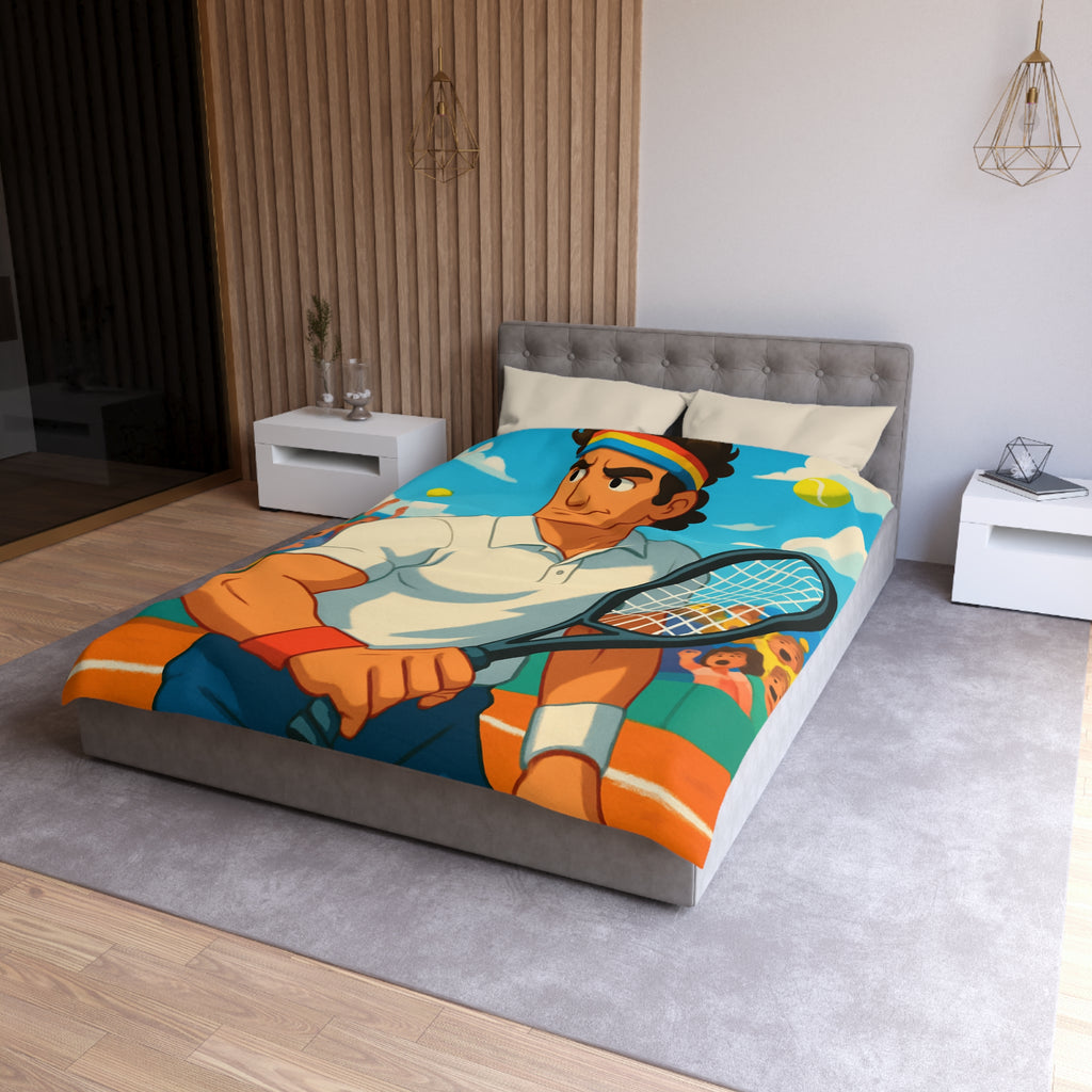 Housse de couette vibrante avec joueur de tennis vintage, bandeau et balles jaunes