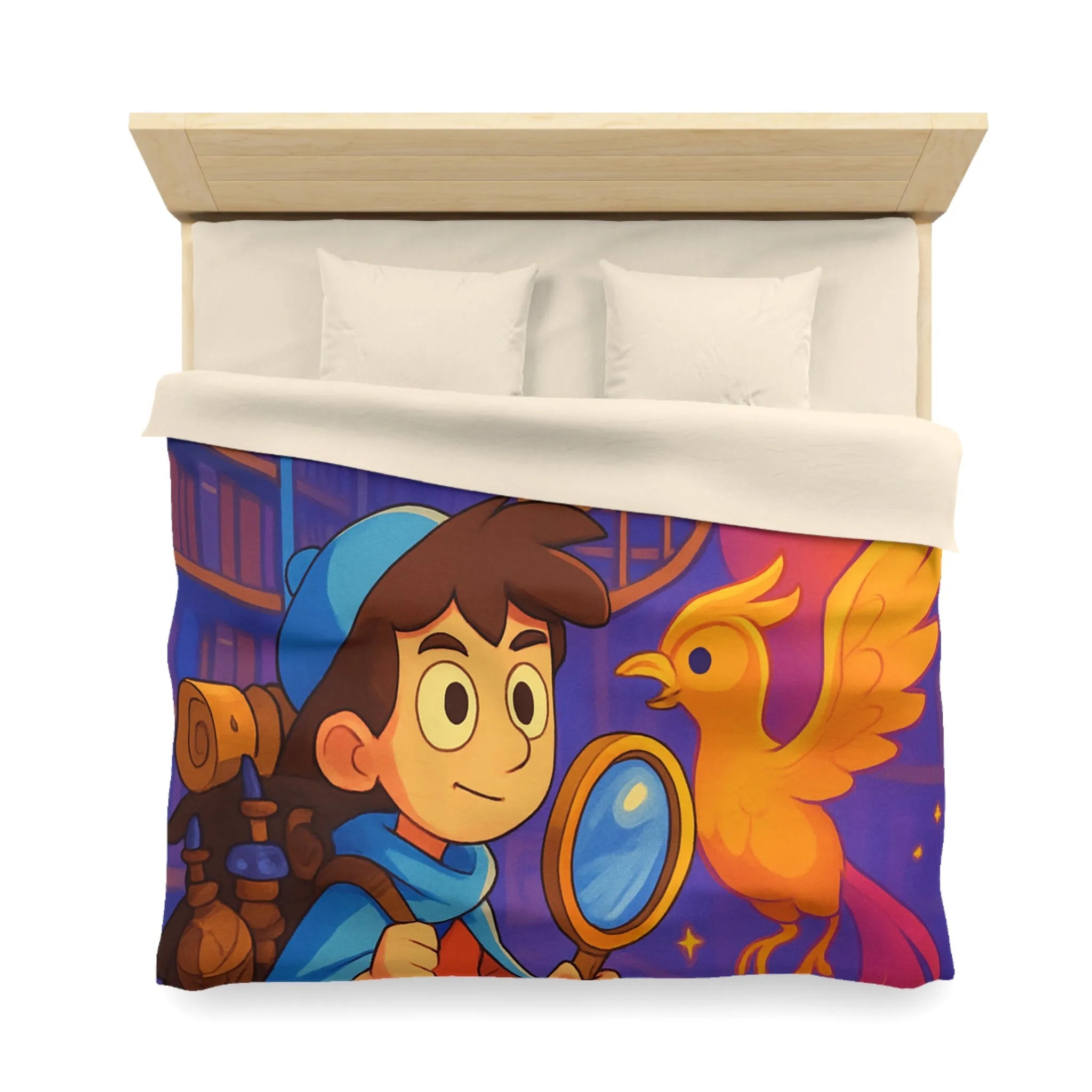 Housse de couette magique avec détective et phénix dans une bibliothèque enchanteresse