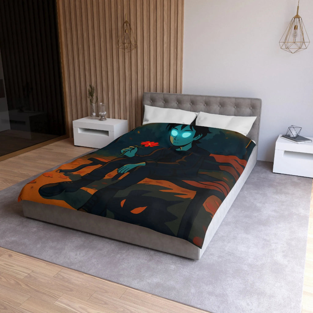 Housse de couette de parc nocturne mystérieux avec personnage sombre aux yeux lumineux