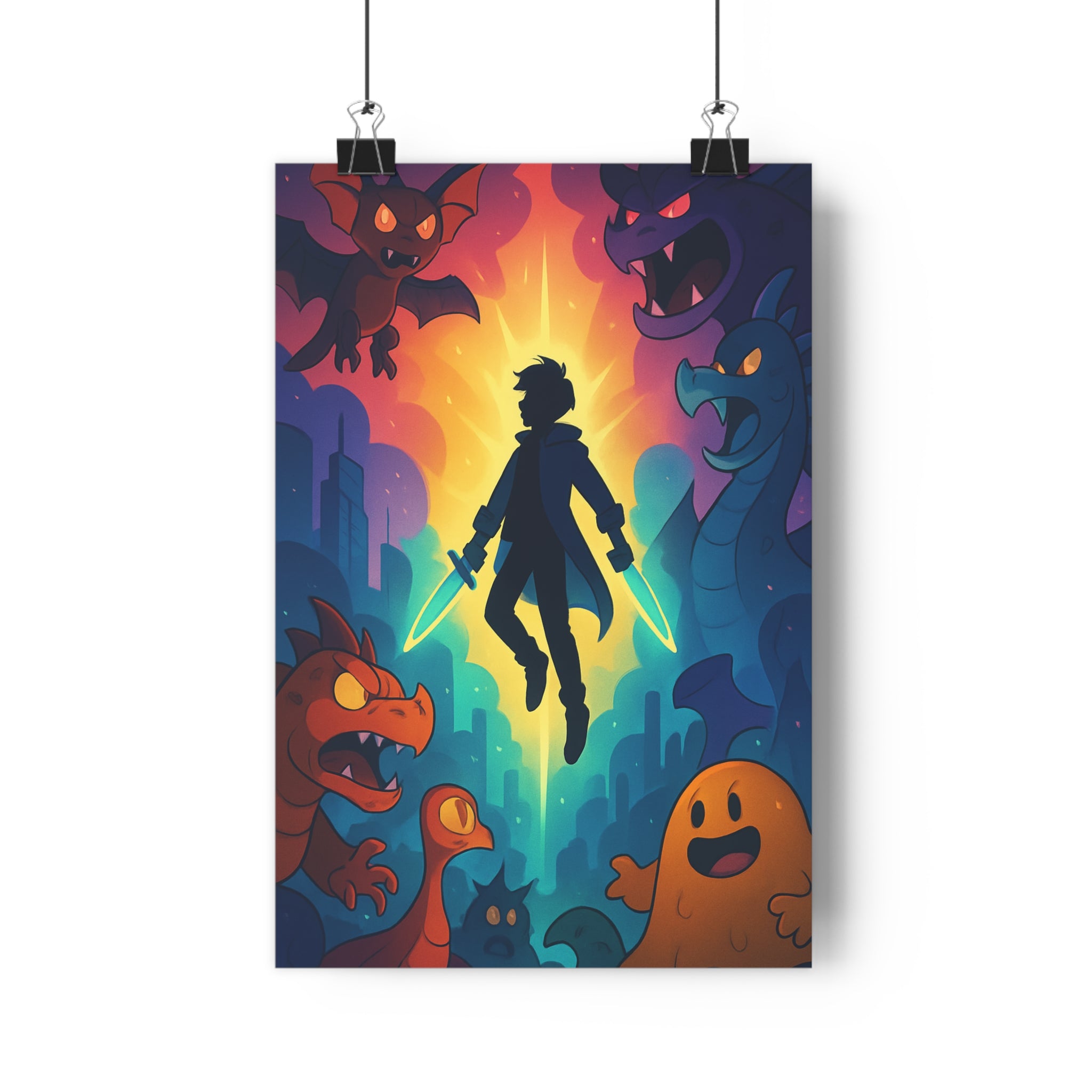 Poster décoratif héros néon bleu rouge fantastique aventure chambre animé vibrant unique captivant tendance