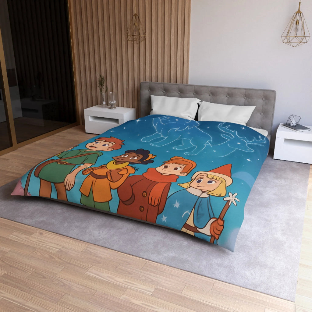 Housse de couette colorée avec enfants aventuriers et constellations nuit étoilée