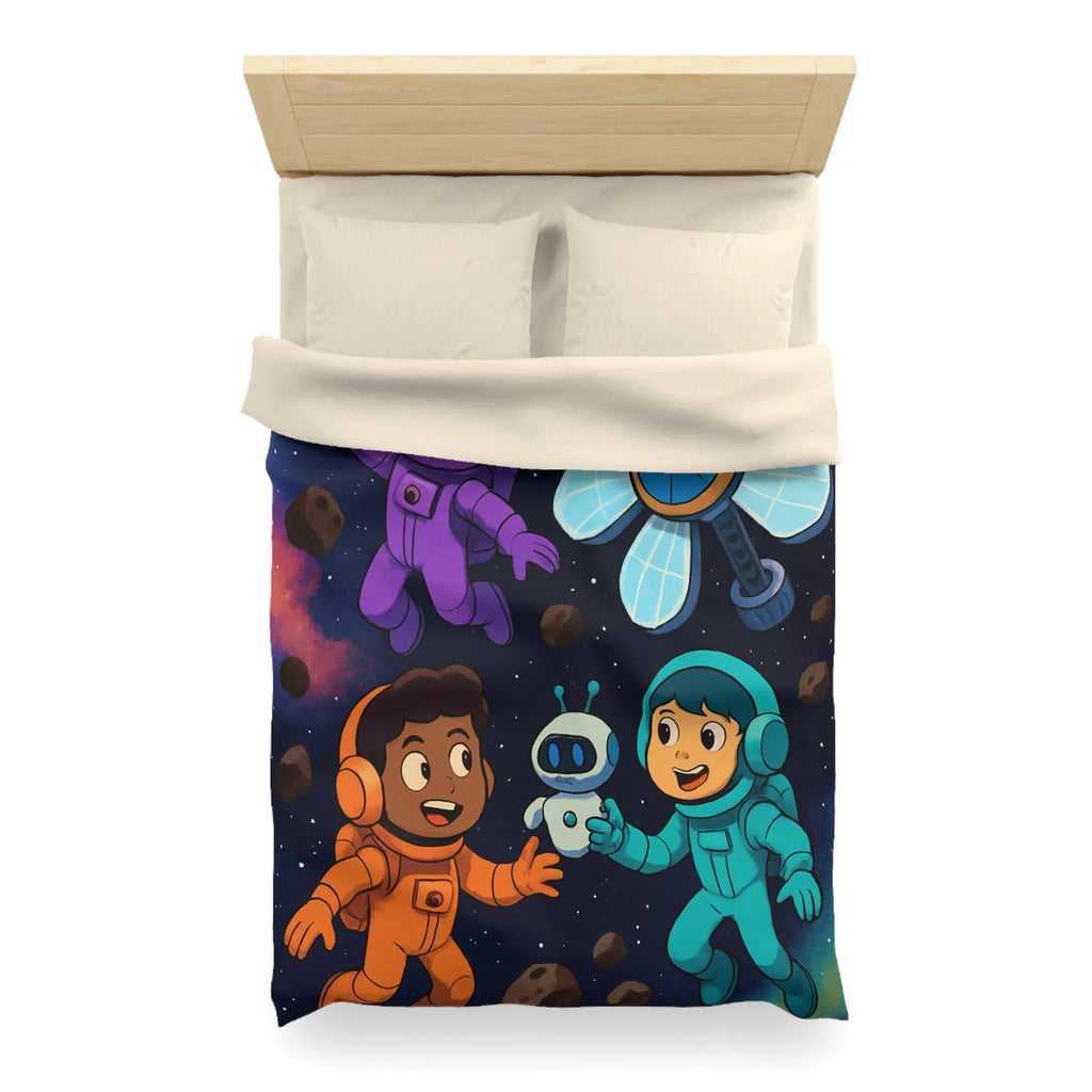 Housse de couette inspirée espace enfants, astronautes colorés, étoiles et planètes joyeuses