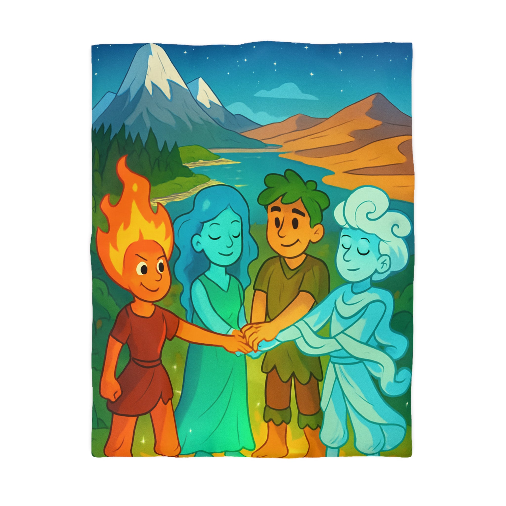 Housse de Couette Nature Enchantée avec Éléments Terre, Feu, Air et Eau Unifiés