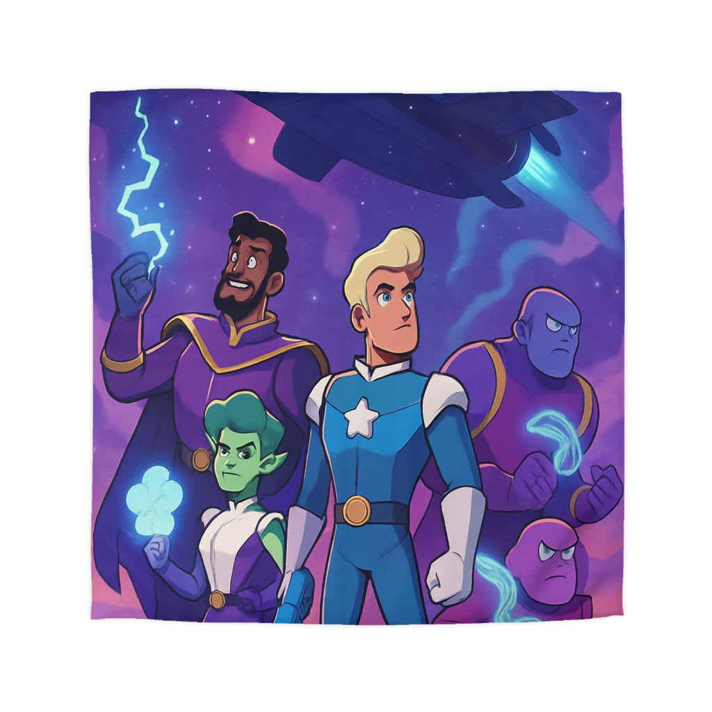 Housse de couette spatiale avec héroïques personnages animés sous vaisseau intergalactique étoilé