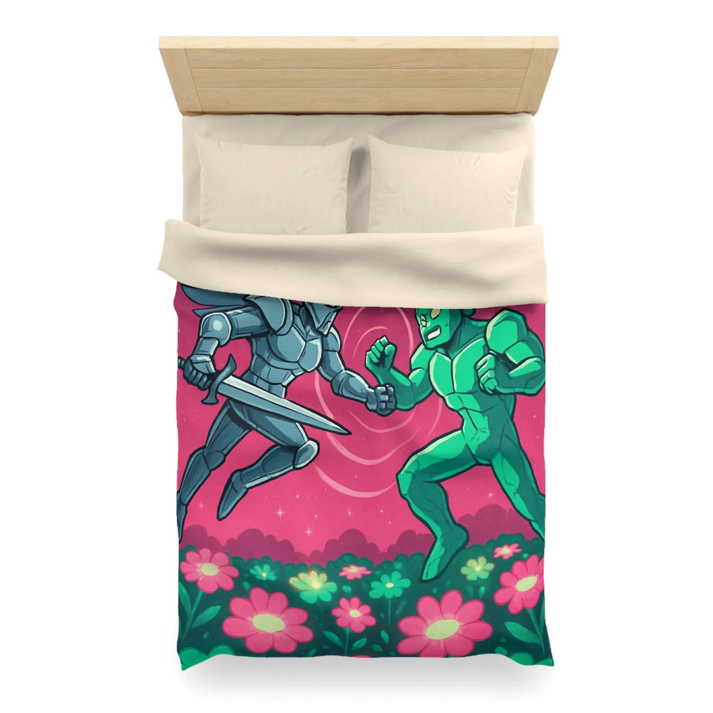 Housse de couette illustrée super-héros ailé avec scène de combat cosmique floral coloré