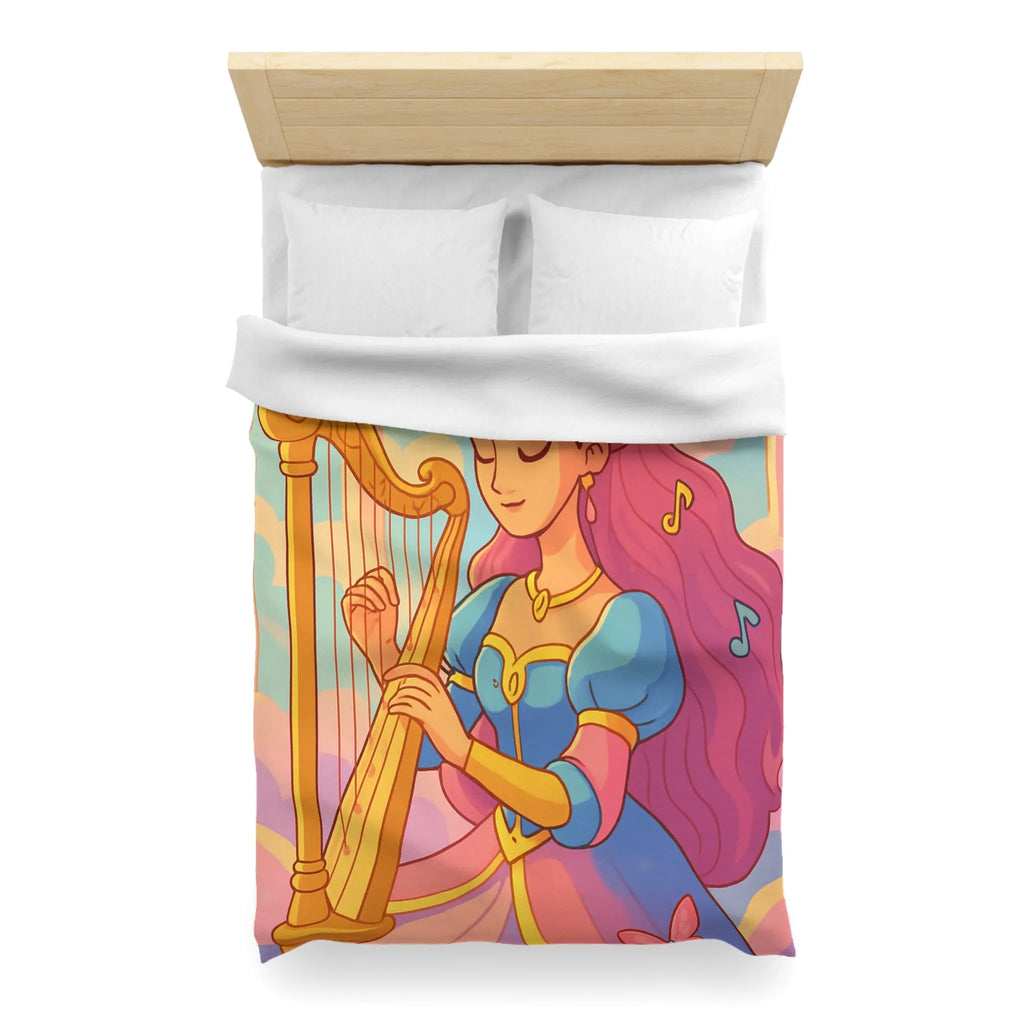 Housse de Couette Magique Princesse Jouant Harpe avec Oiseaux et Papillons Colorés