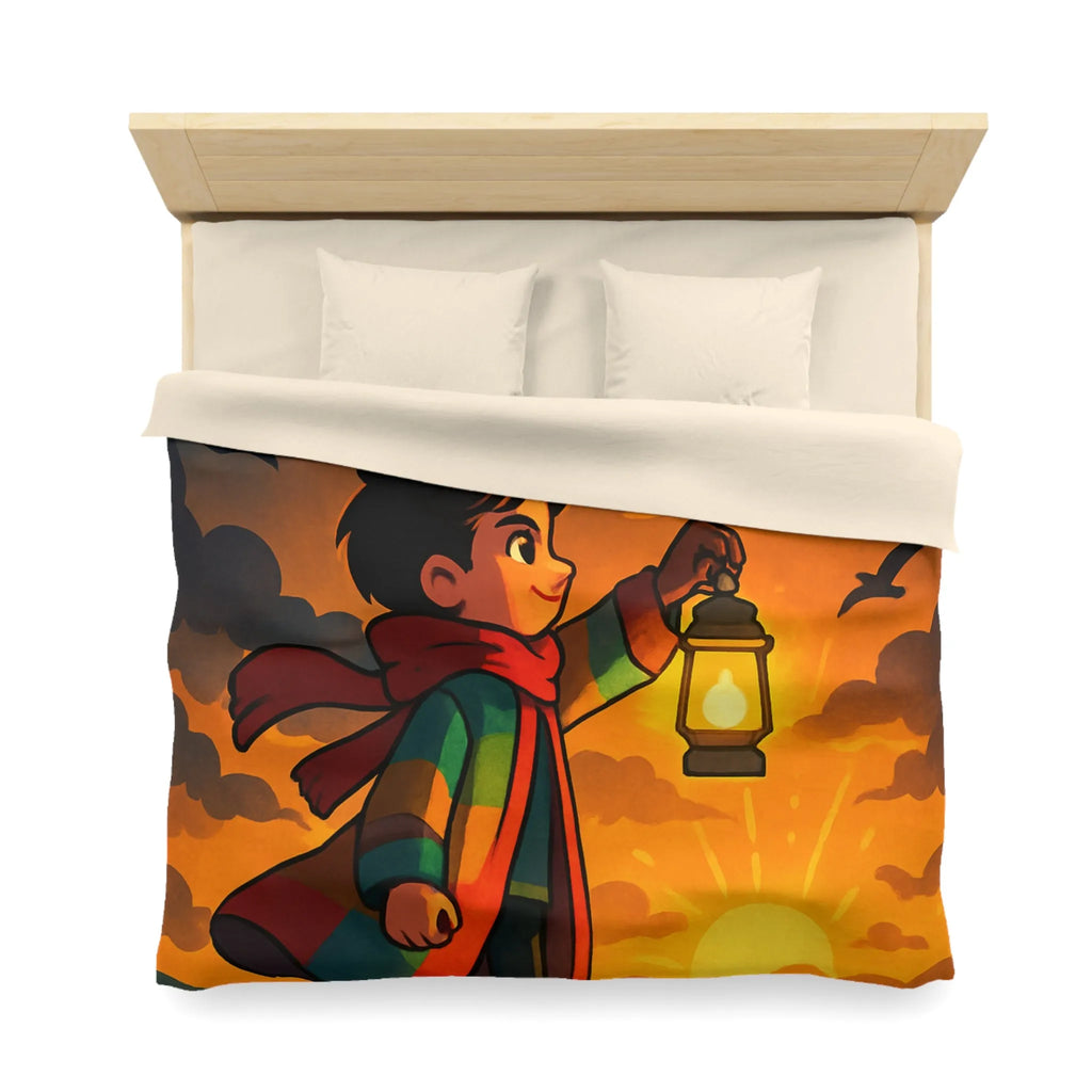 Housse de couette avec illustration enfantine colorée : garçon, lanterne, ciel dramatique