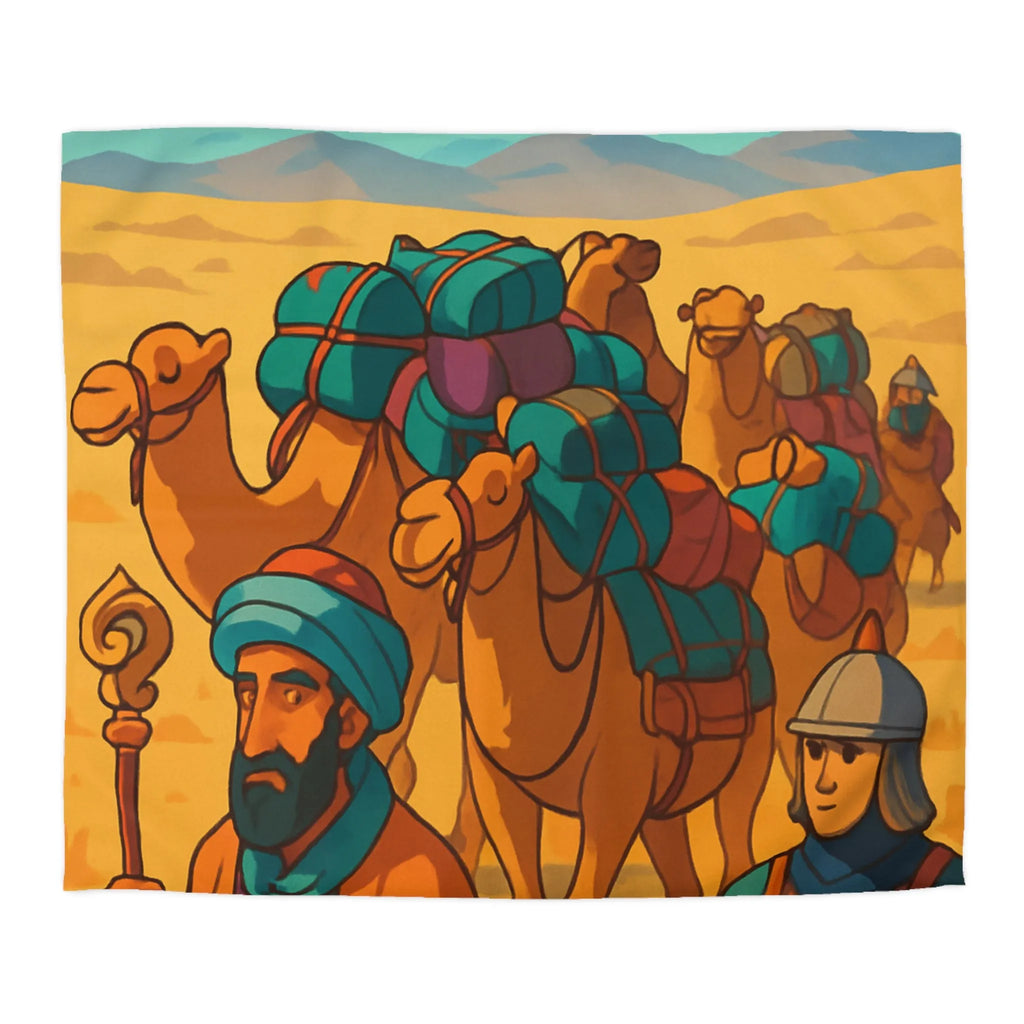 Housse de couette avec caravane de chameaux traversant un désert montagneux en arrière-plan