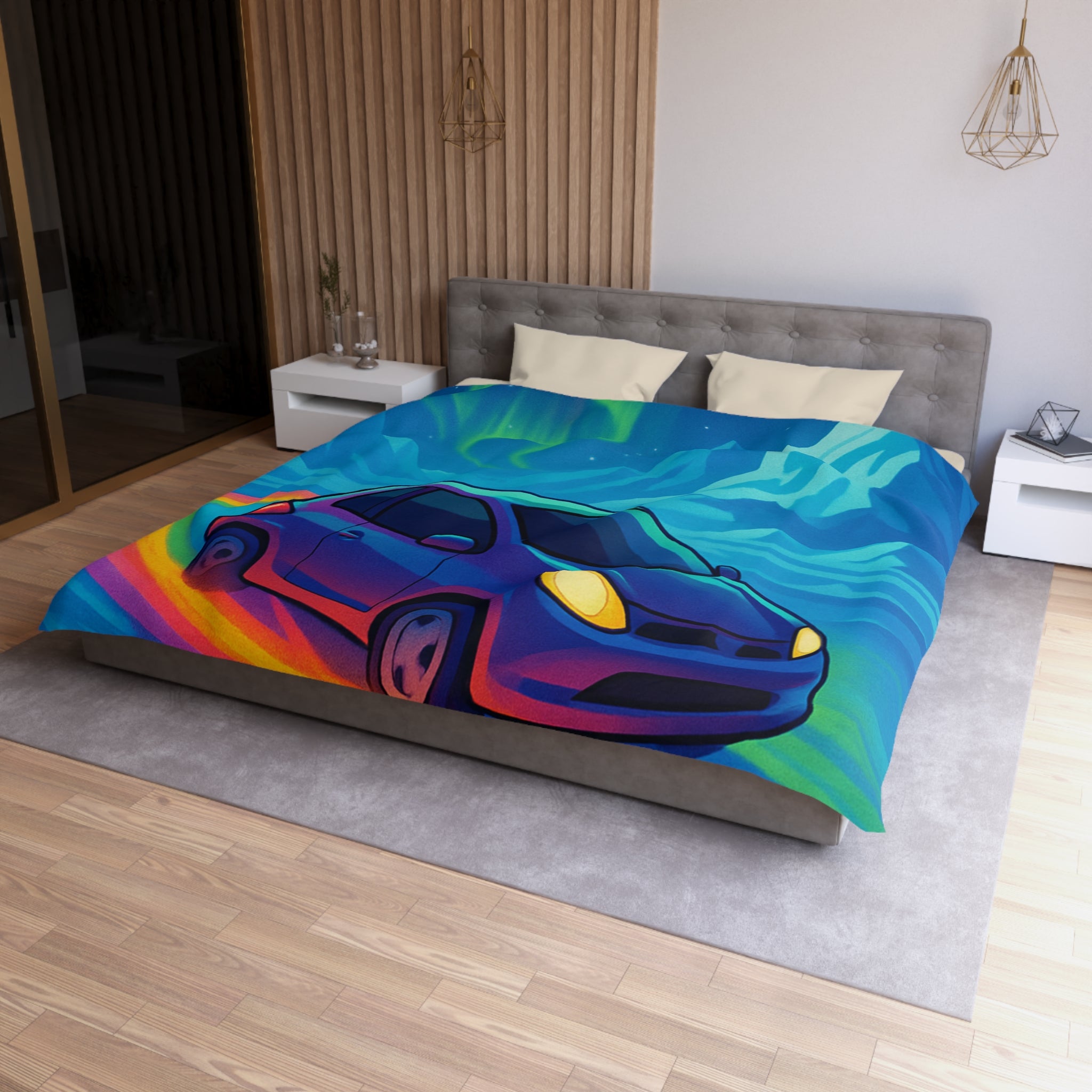 Housse de couette paysage polaire voiture et aurore boréale en couleurs éclatantes