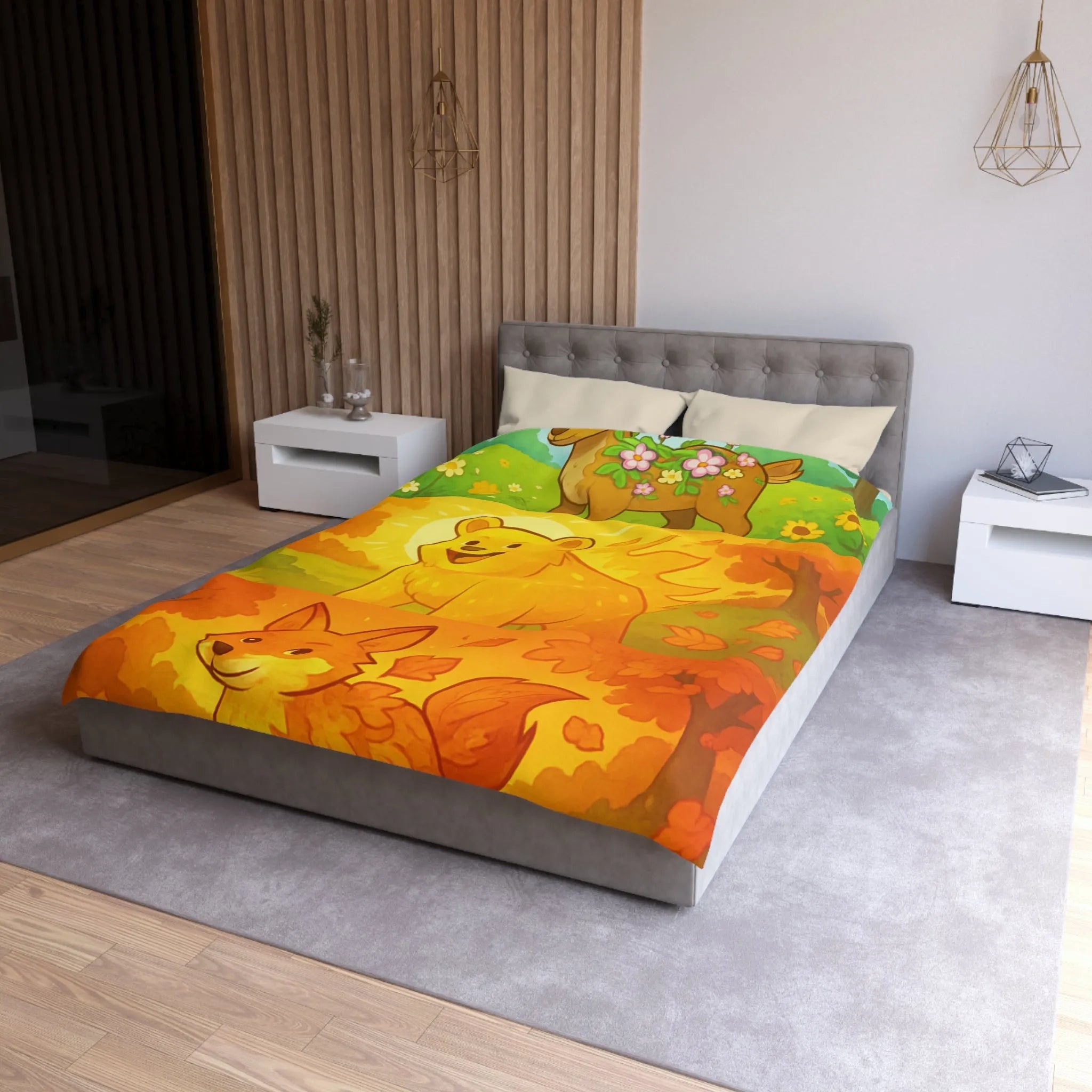 Housse de couette enchantée avec cerf, ours et renard en couleurs vives saisonnières