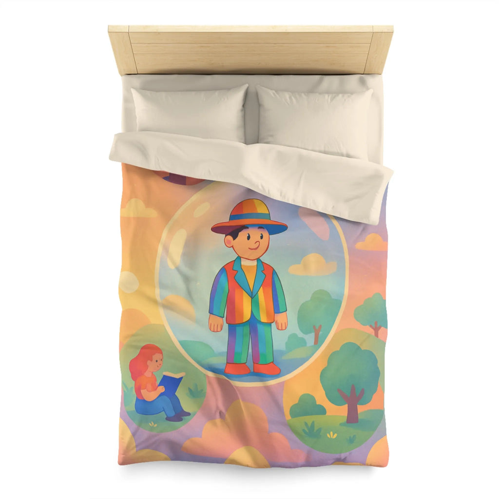 Housse de couette aux motifs rêveurs de personnages dans des bulles colorées et apaisantes