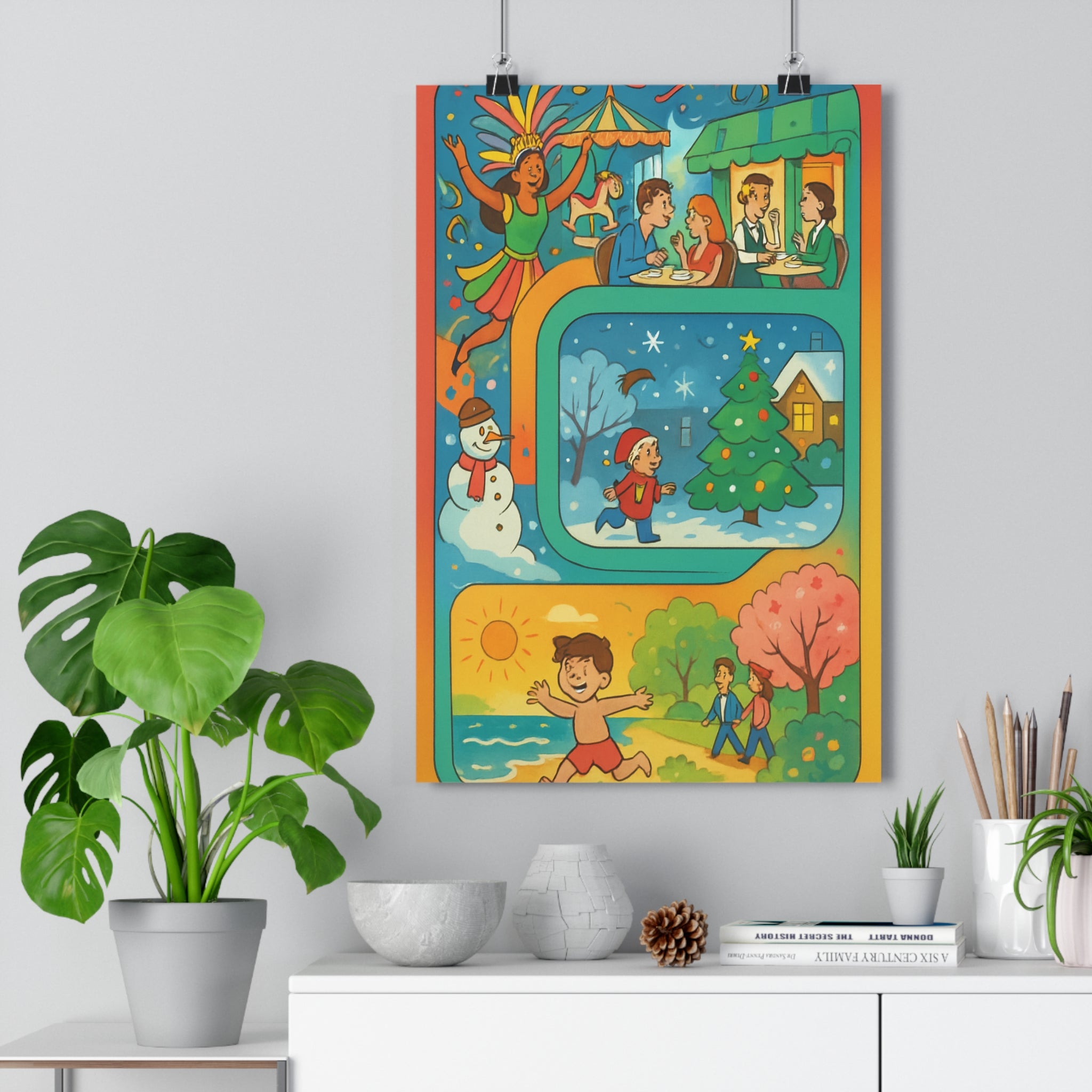 Poster décoratif coloré cartoon joyeux salon chambre enfant dynamique vibrant festif neige plage été