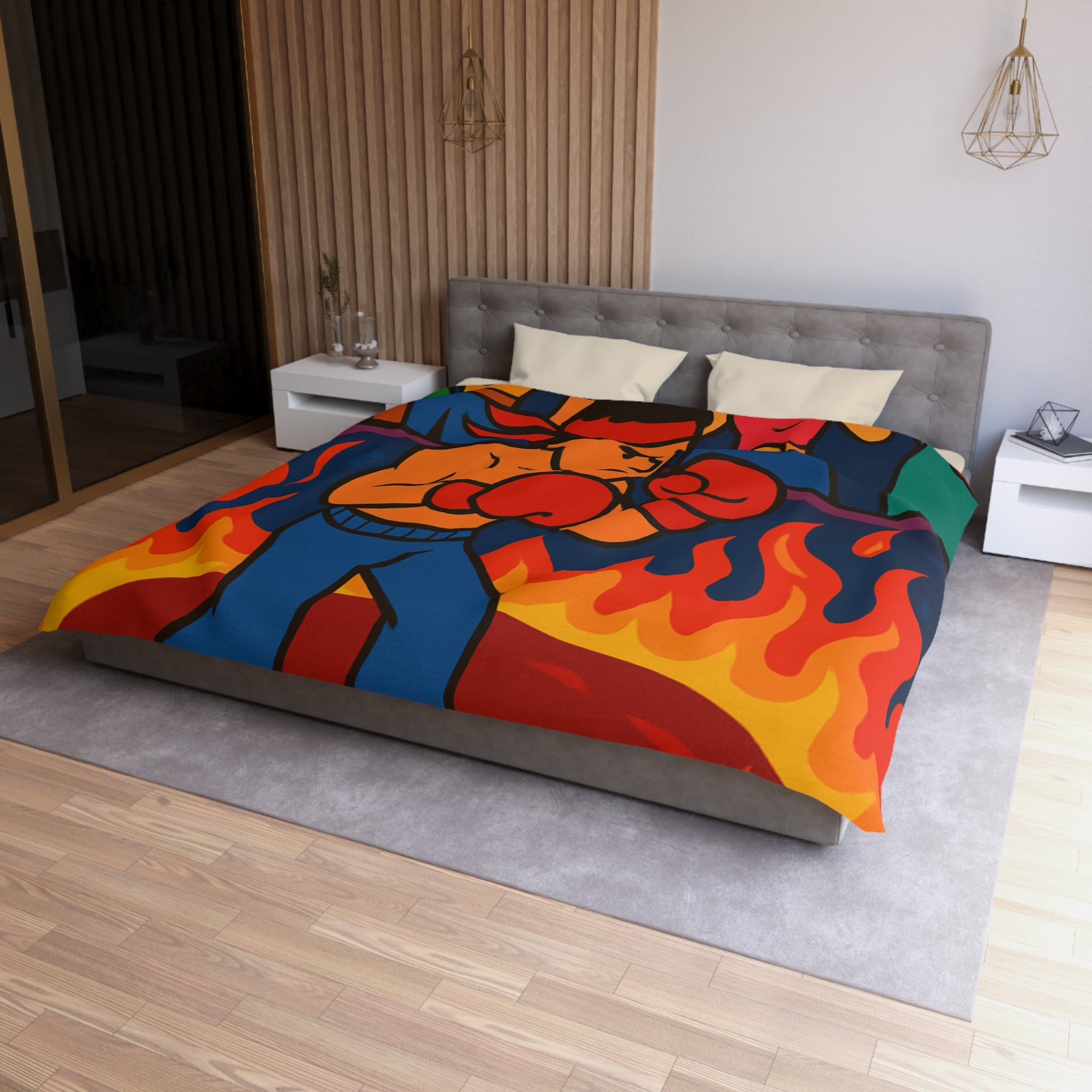 Housse de couette originale avec boxeur entouré de flammes et foule colorée