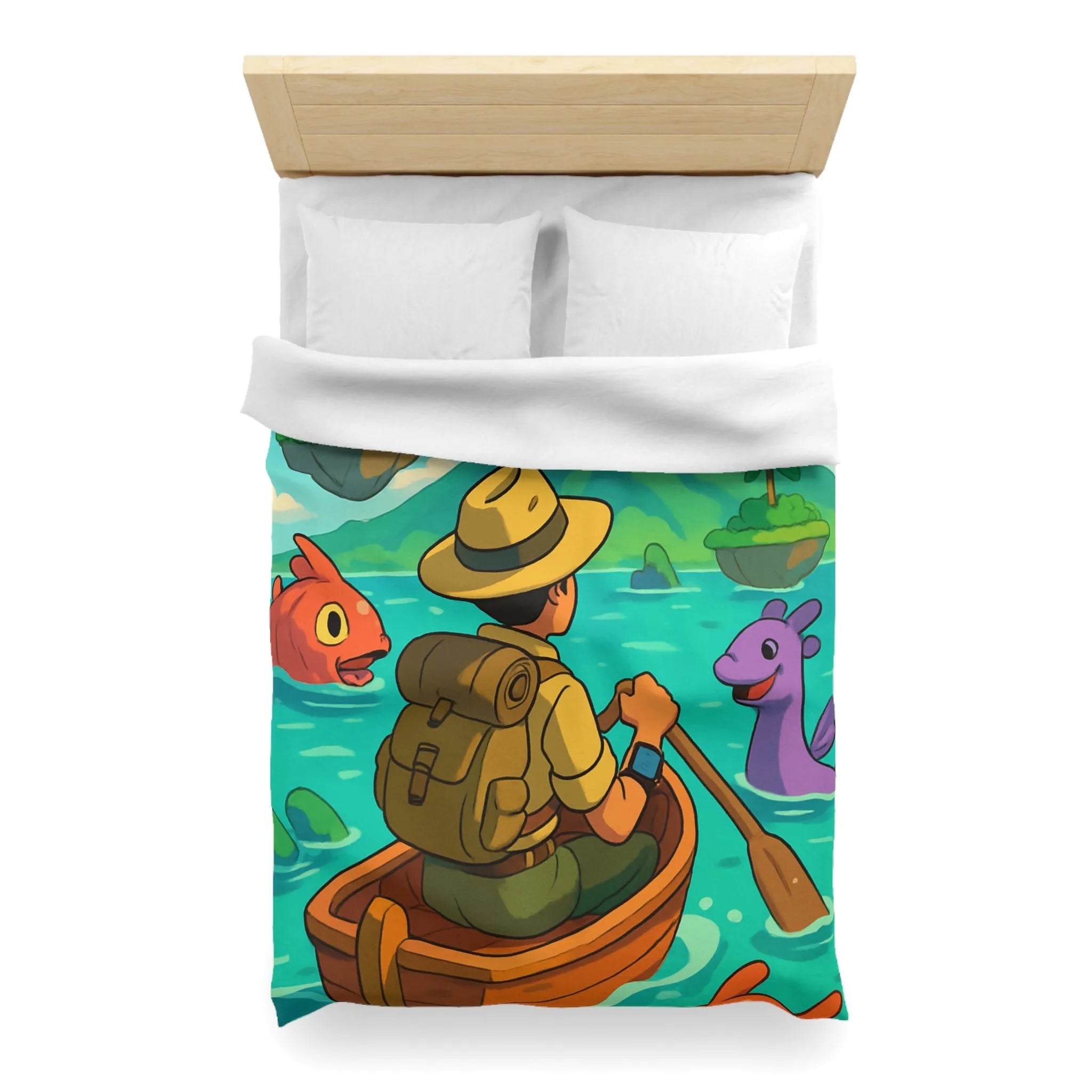 Housse de couette île volcanique exotique avec aventurier et créatures marines colorées