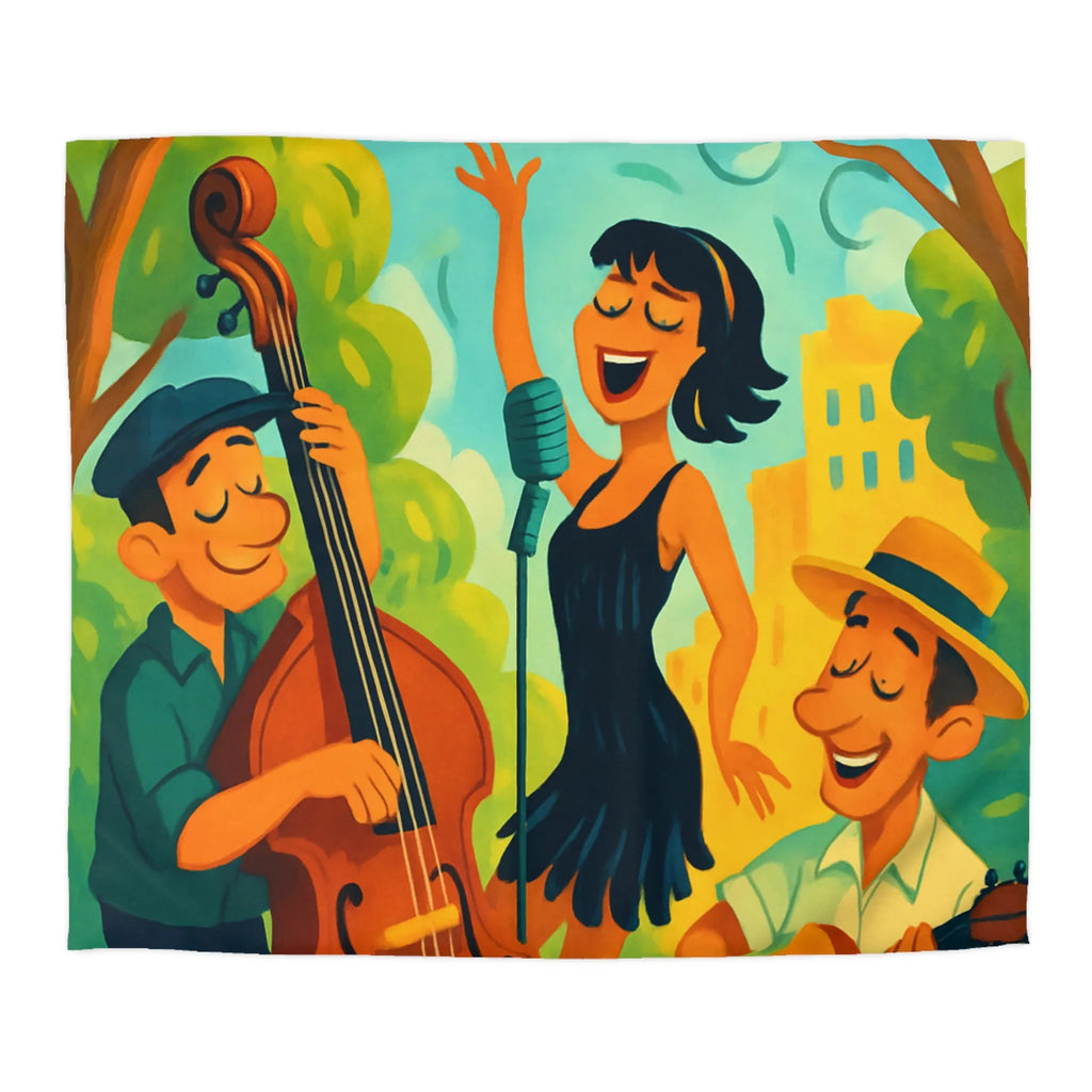 Housse de couette colorée avec scène musicale rétro dans un parc ensoleillé