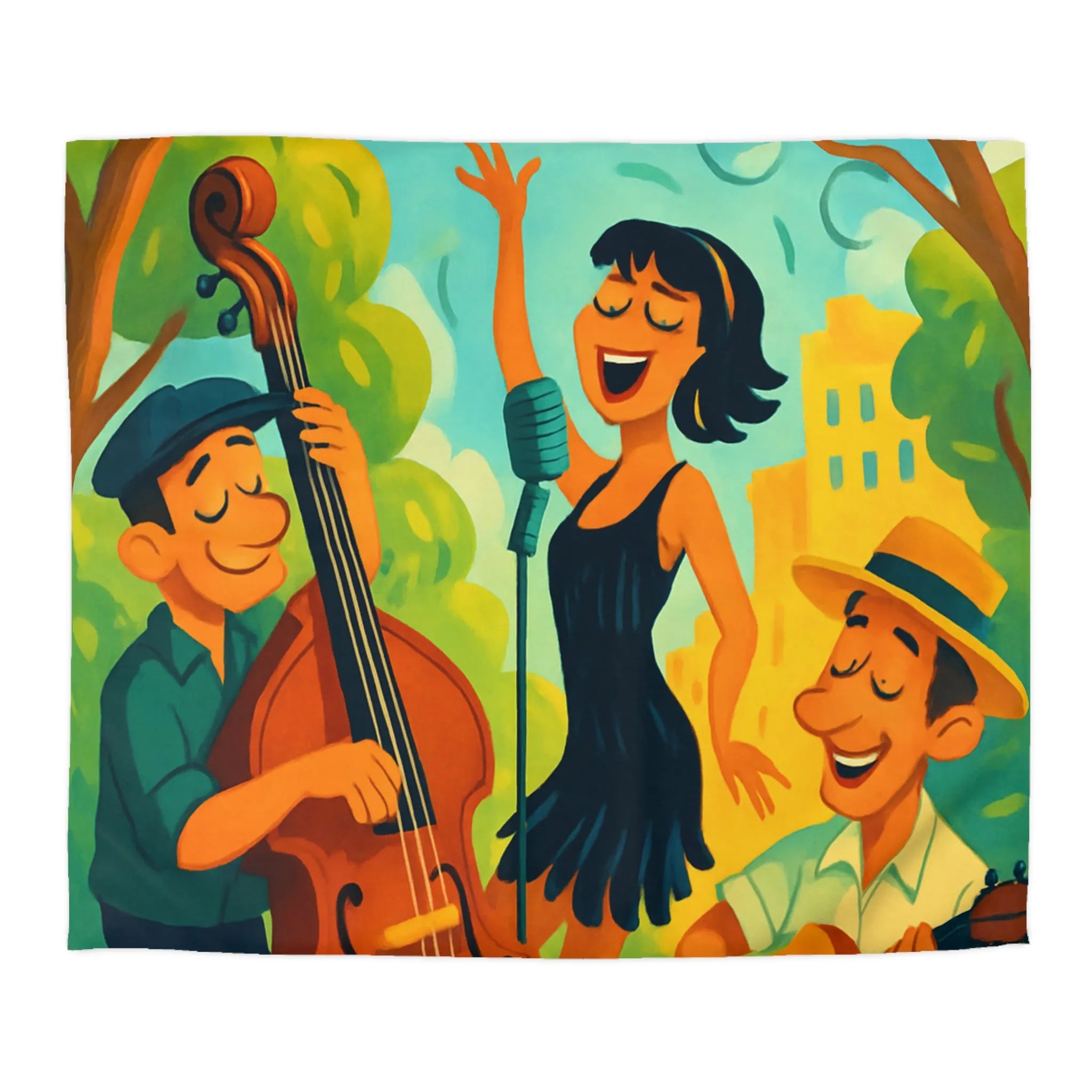 Housse de couette colorée avec scène musicale rétro dans un parc ensoleillé