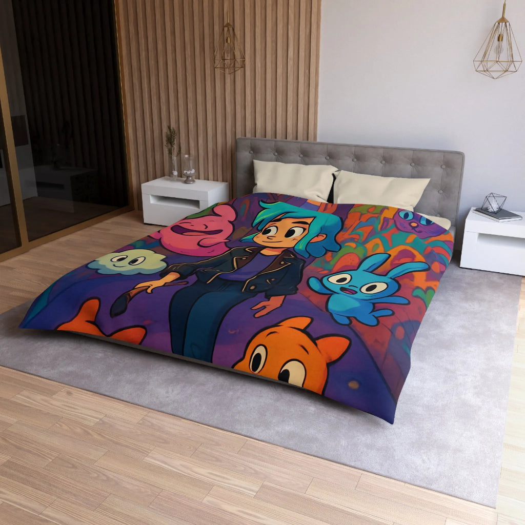 Housse de couette colorée avec personnages fantasy dans une ruelle urbaine magique