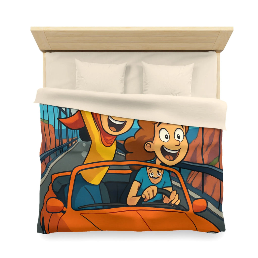Housse de couette colorée avec illustration de famille en voiture sur pont suspendu