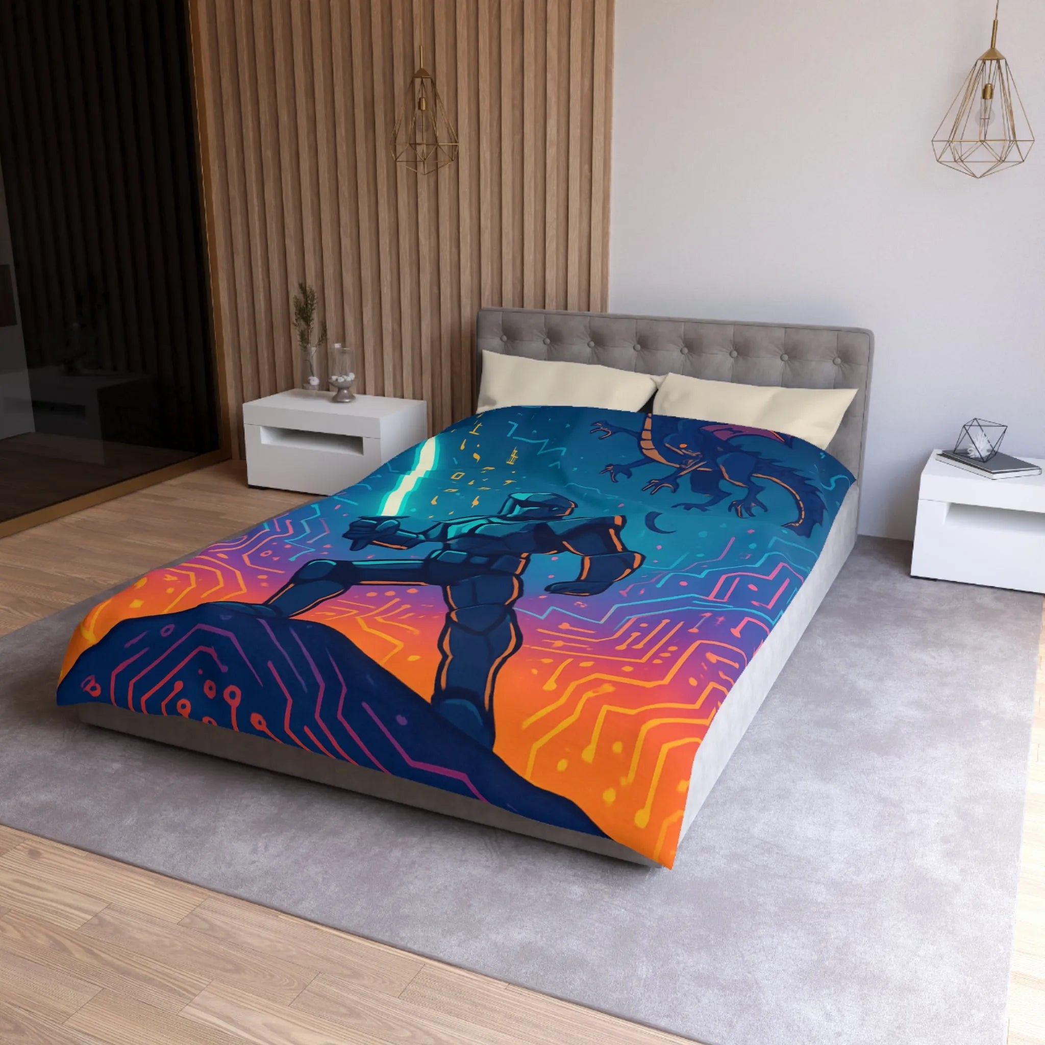 Housse de couette futuriste avec chevalier numérique et dragon volant coloré et épique
