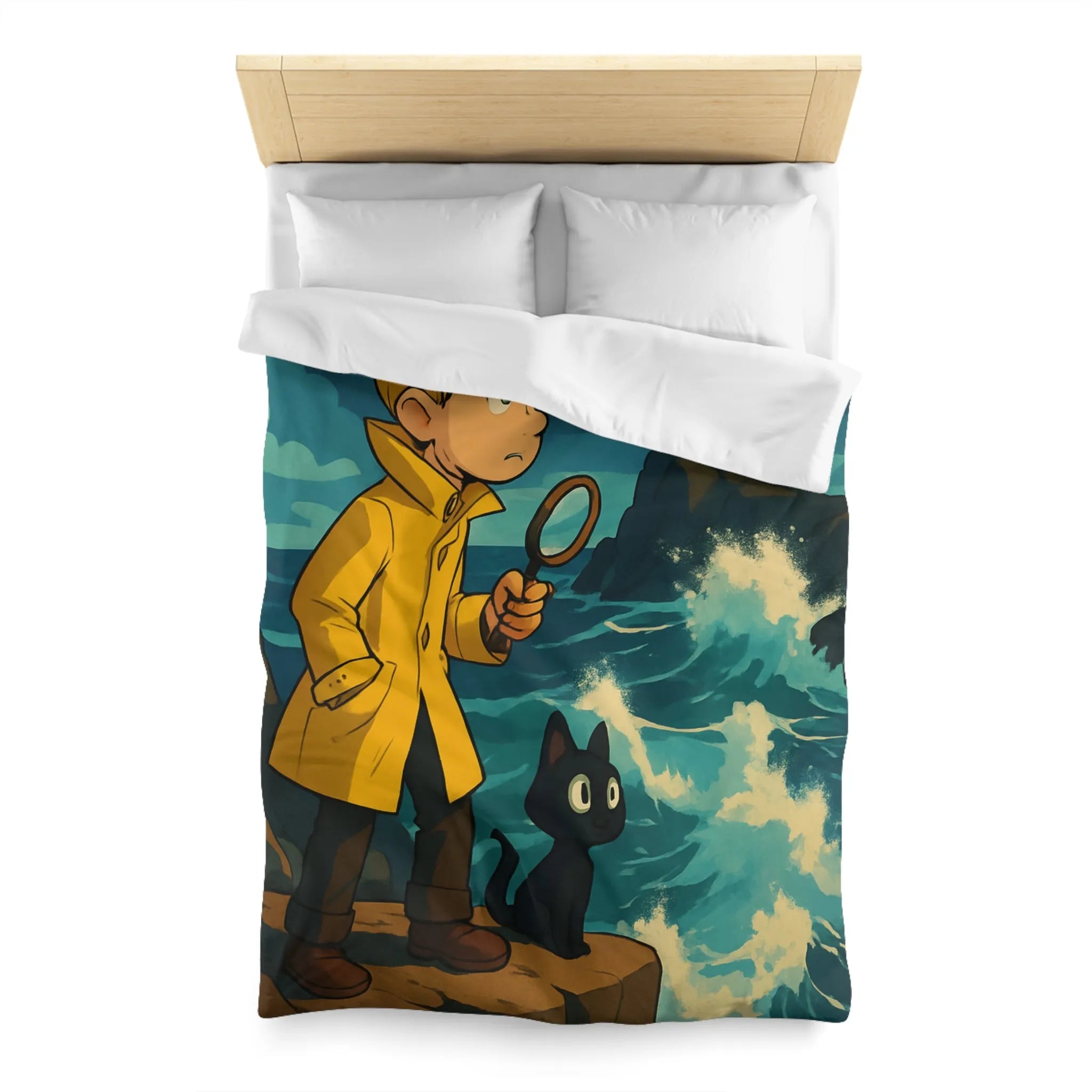 Housse de Couette Aventure Enfantine avec Phare, Océan et Chat Mystérieux