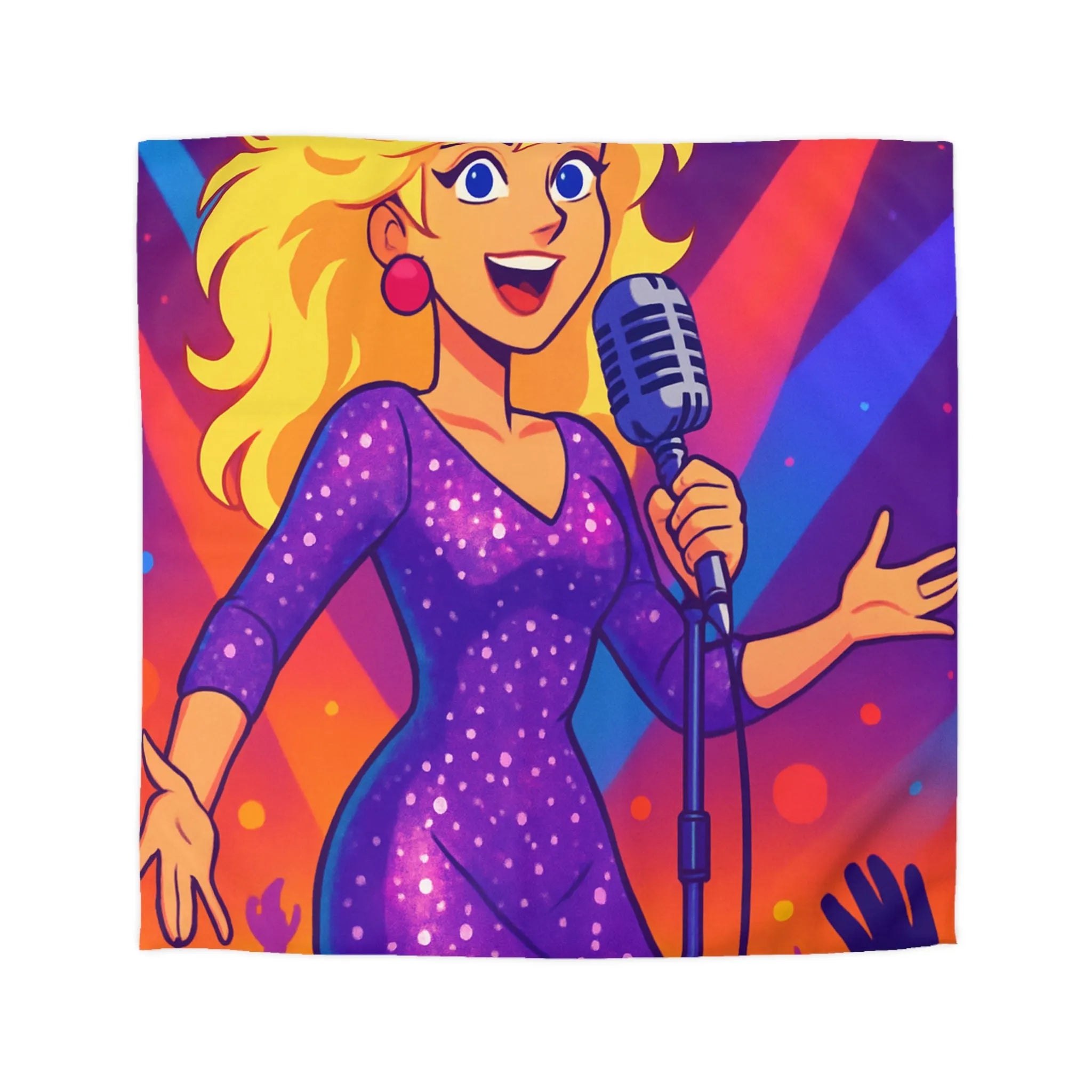 Housse de couette colorée avec chanteuse animée sous projecteurs en scène dynamique