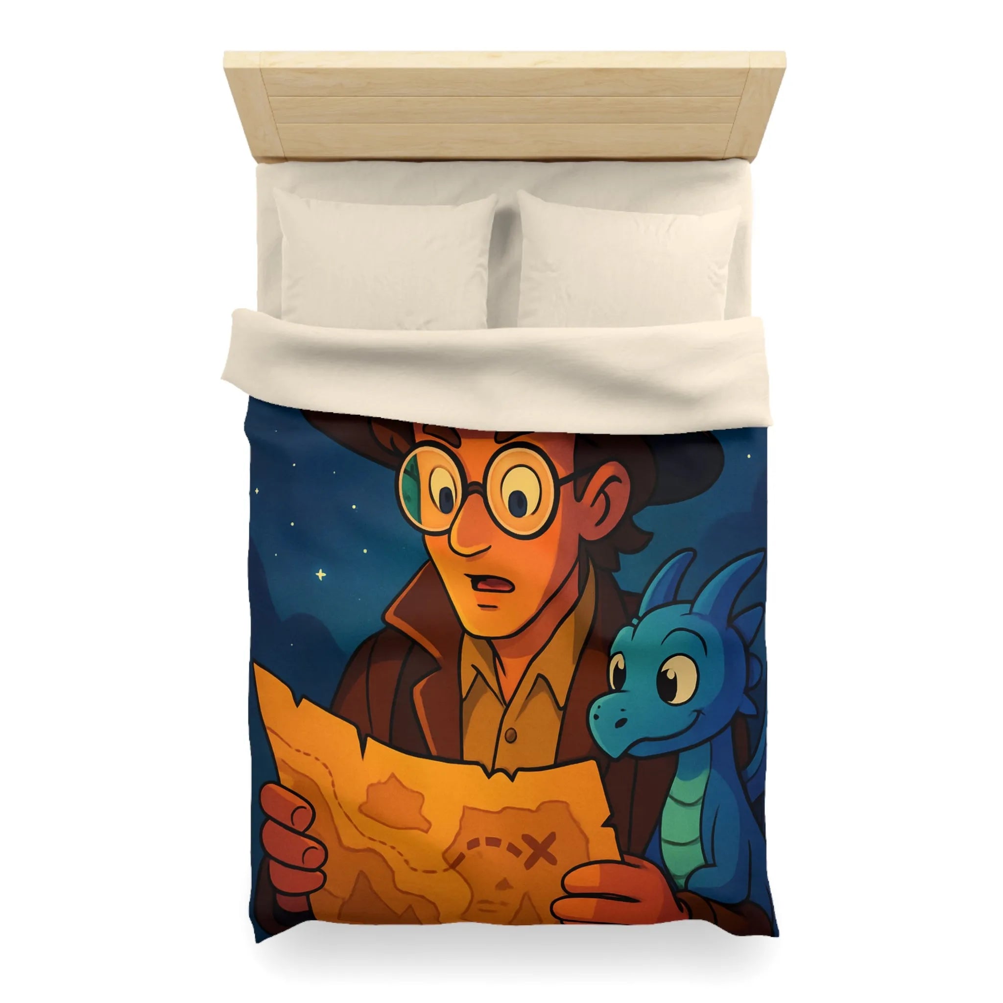 Aventure nocturne avec explorateur et dragon bleu sous planètes mystiques sur fond étoilé