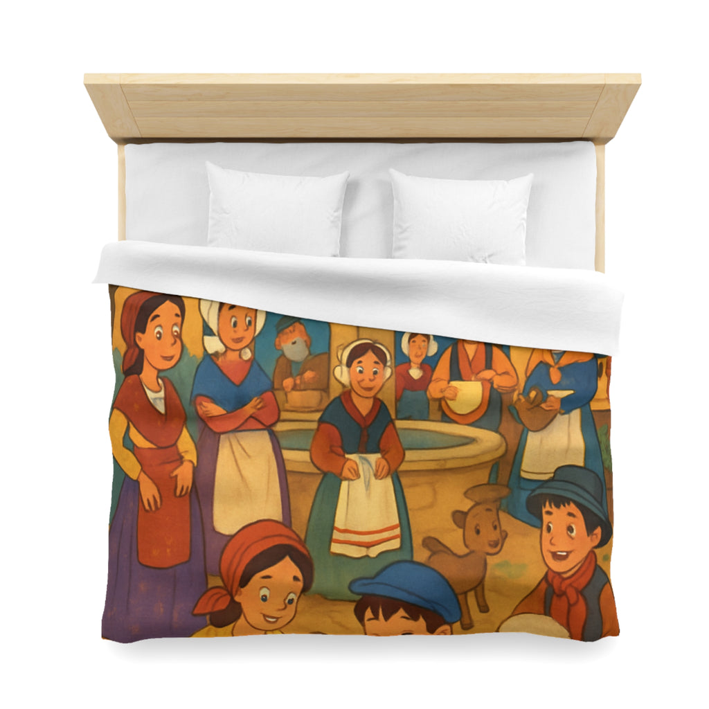 Housse de couette pour enfants avec scène villageoise festive et animaux mignons joyeux