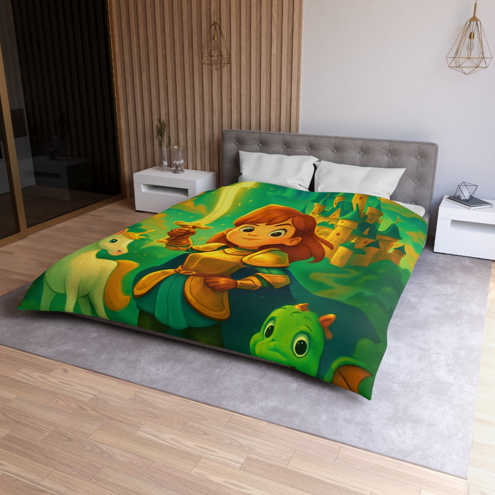 Housse de couette pour enfants avec chevalier, château et animaux fantastiques