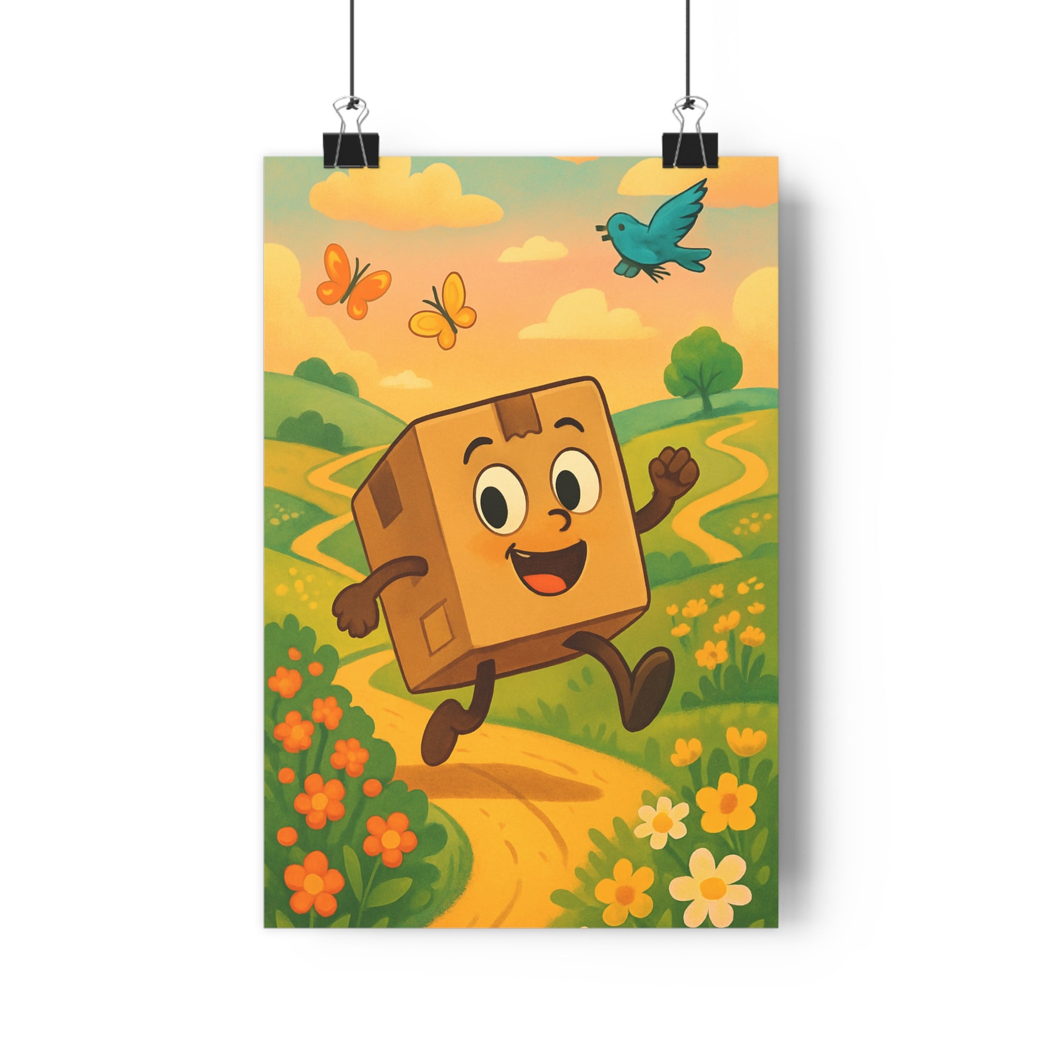 Poster décoratif cartoon joyeux vert coloré enfant chambre paysage nature ambiance charmante fleurs oiseau