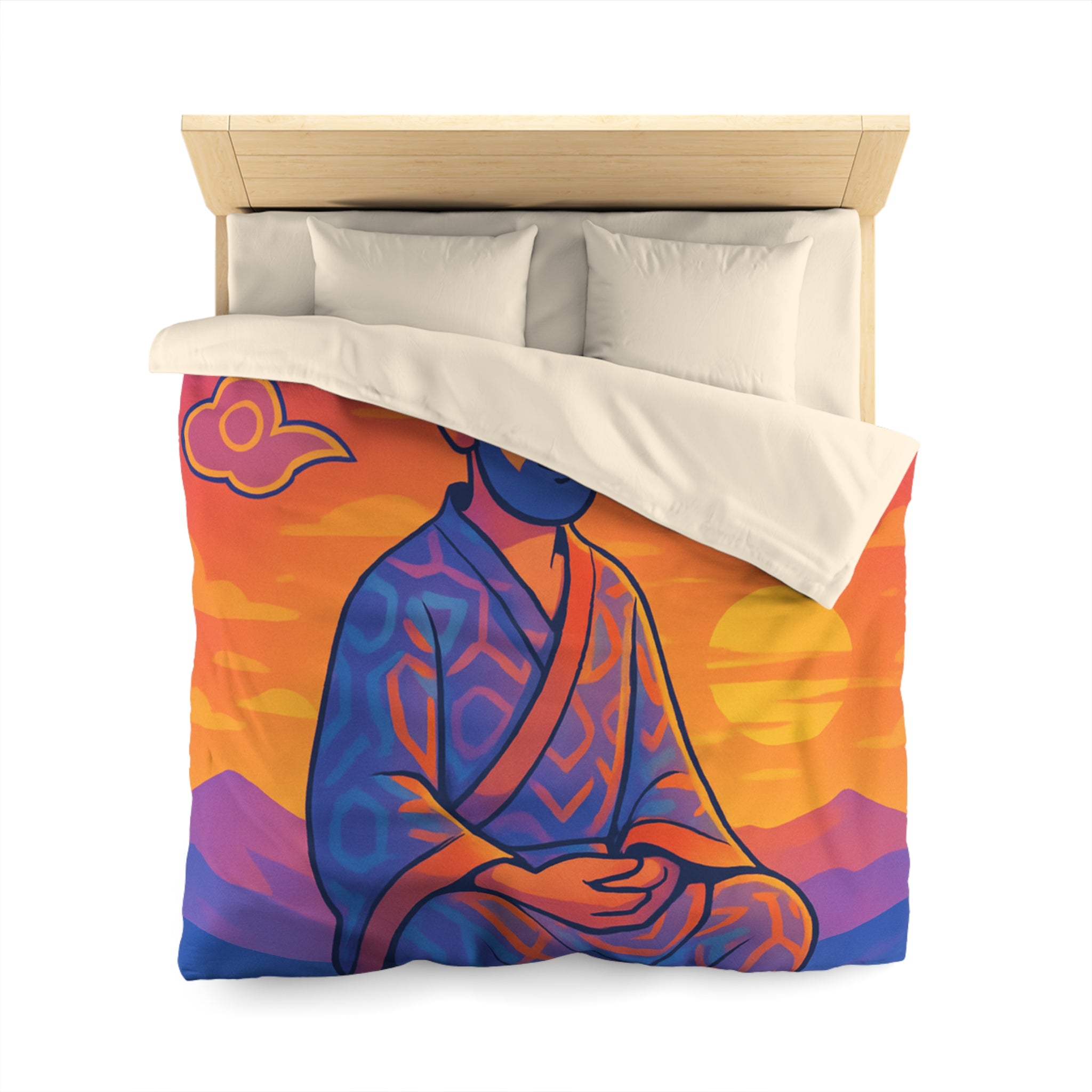 Housse de Couette Zen Moine Méditant au Coucher de Soleil Avec Fleurs de Lotus