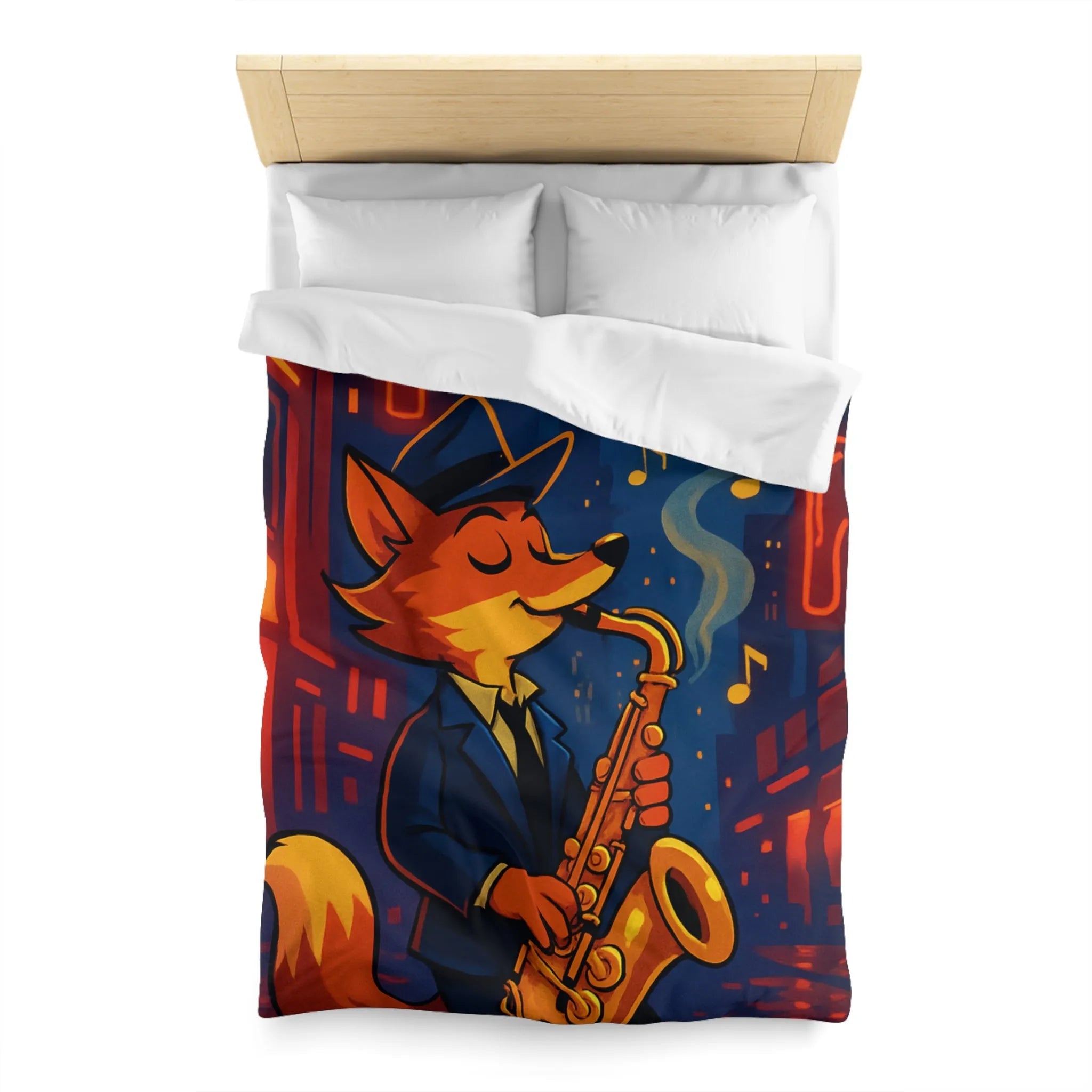 Housse de Couette Jazz de Rue avec Renard Jouant du Saxophone Sous les Réverbères