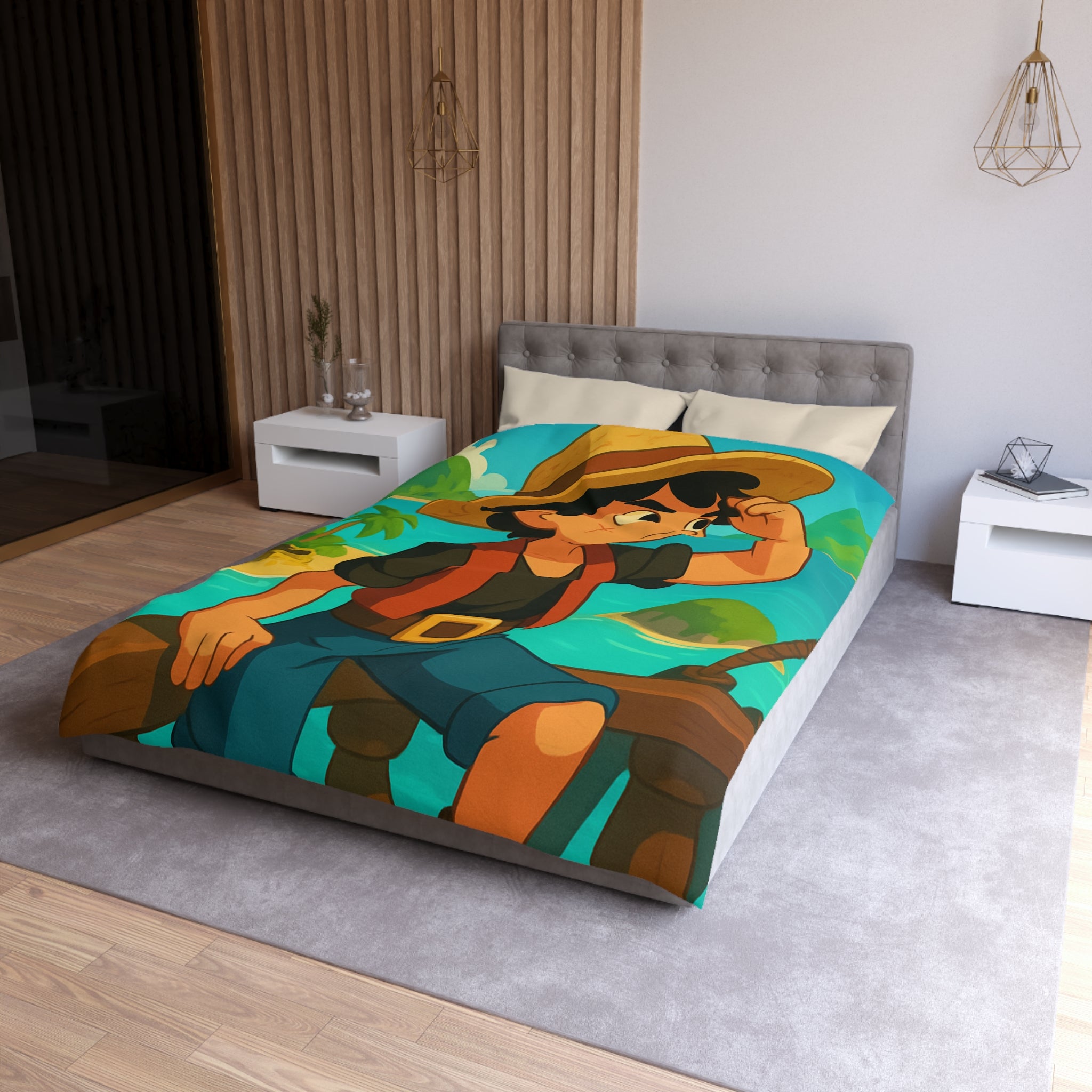 Housse de couette tropicale enfant avec pirate aventurier sur fond d'île paradisiaque