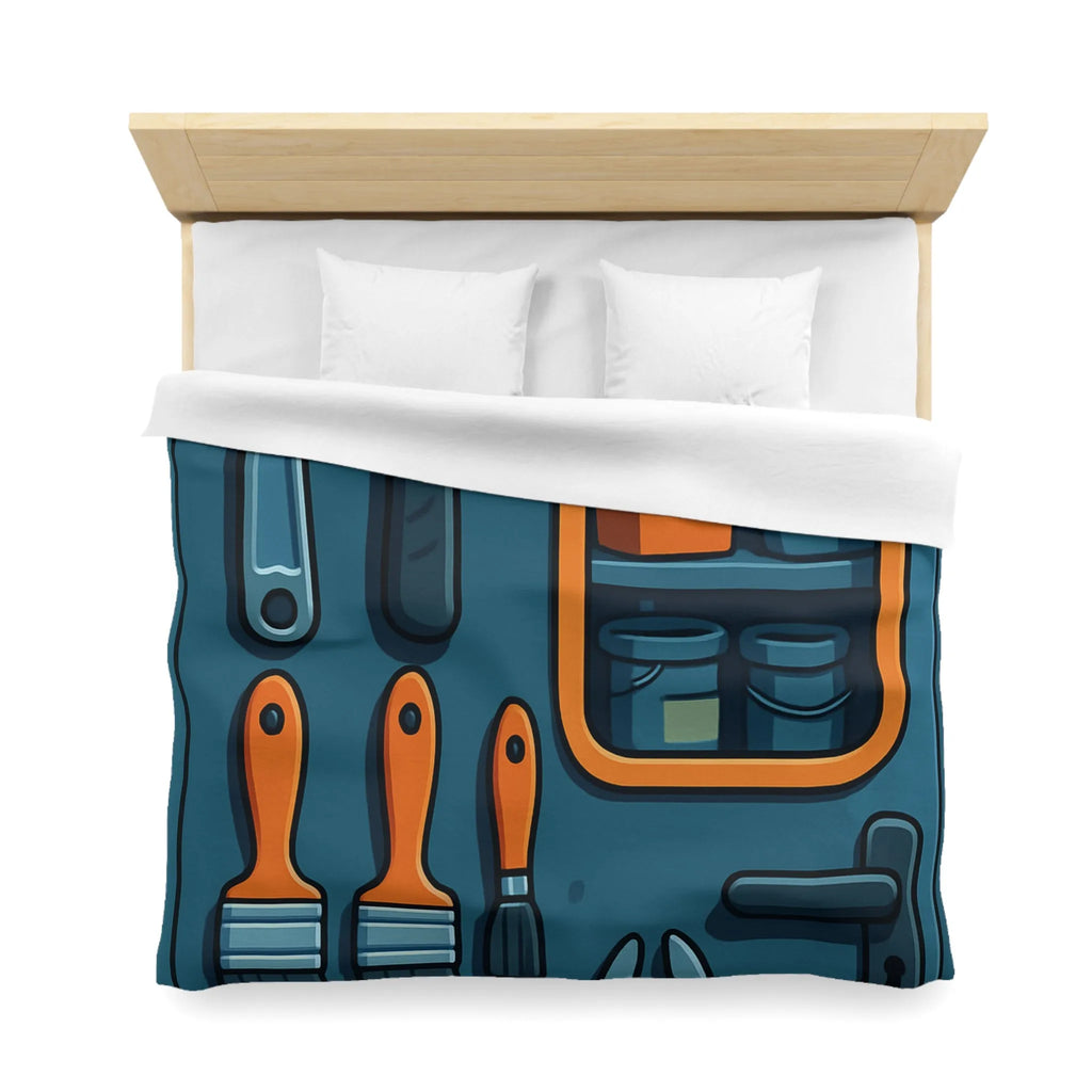Housse de couette bleue avec outils et étagères pour atelier créatif moderne