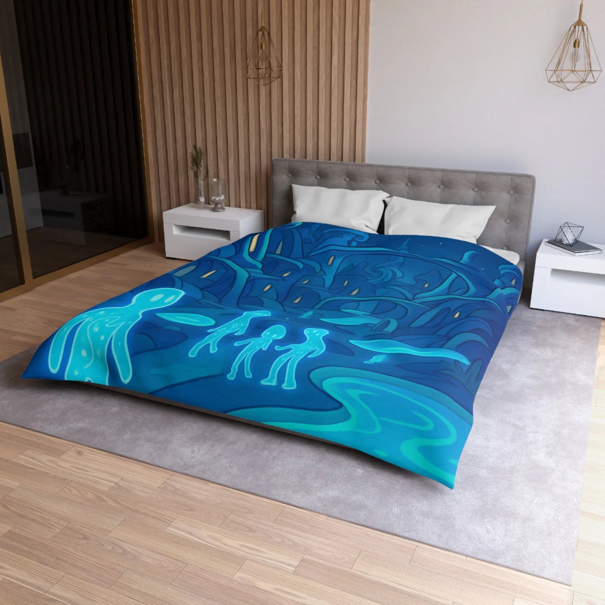 Housse de couette fantastique avec paysage extraterrestre, créatures lumineuses et lune mystique