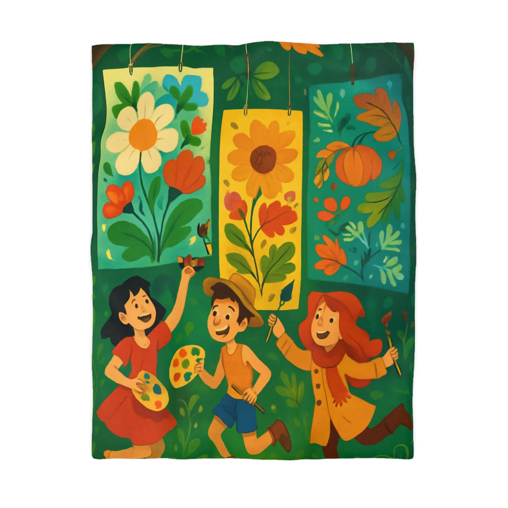 Housse de couette colorée avec design floral et personnages ludiques pour chambre joyeuse