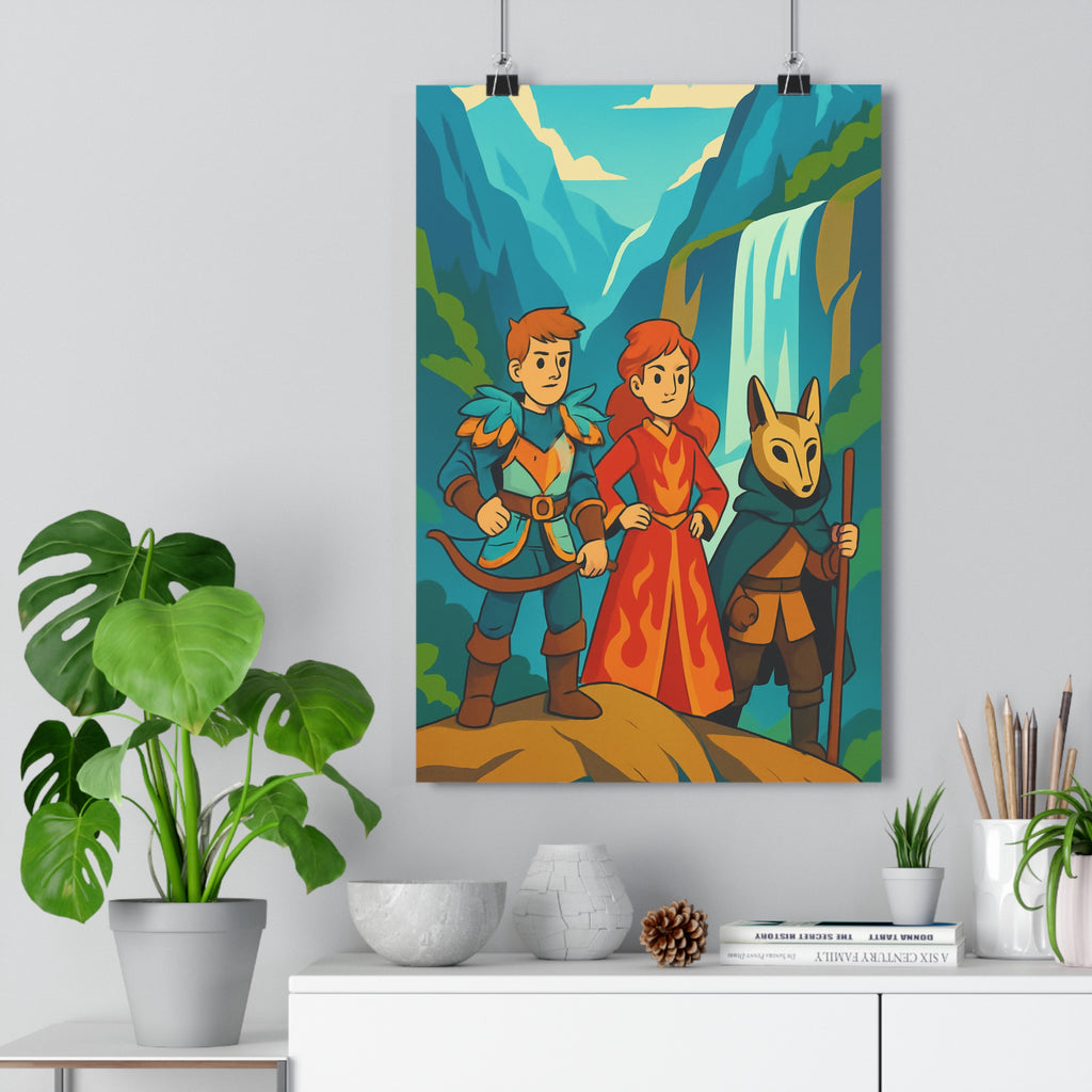 Poster décoratif dessin animé aventure bleu vert orange chambre enfant dynamique mystérieux paysage cascade